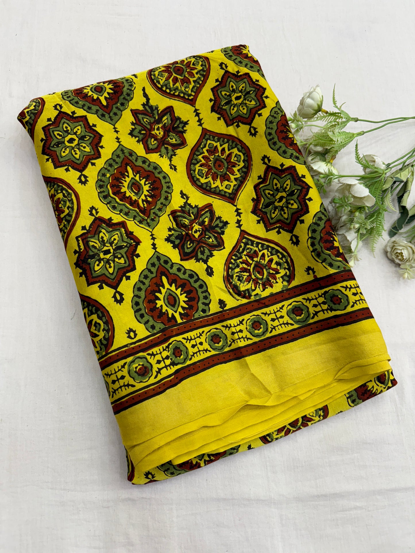 Haldi Yellow Badam Ajrakh Print Modal Silk Saree