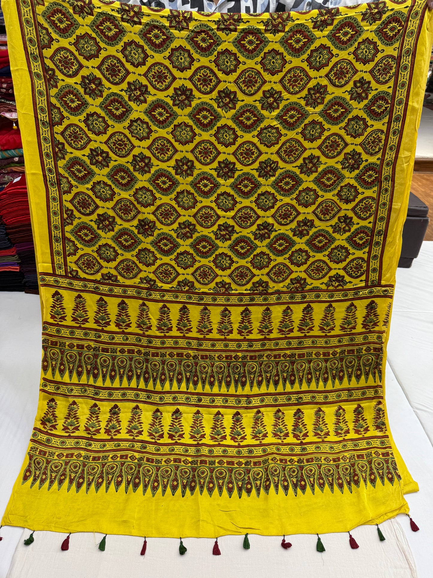 Haldi Yellow Badam Ajrakh Print Modal Silk Saree