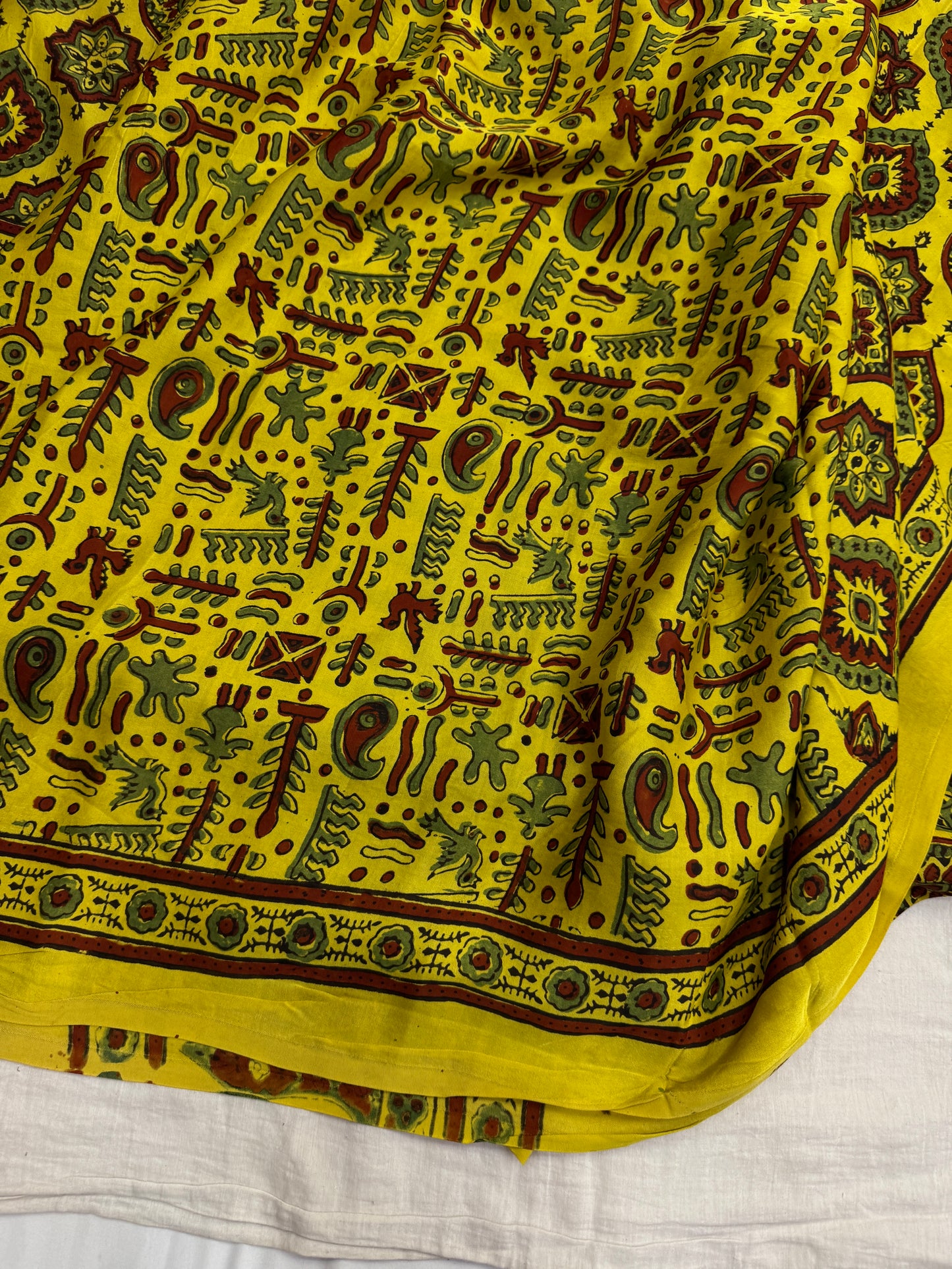 Haldi Yellow Badam Ajrakh Print Modal Silk Saree