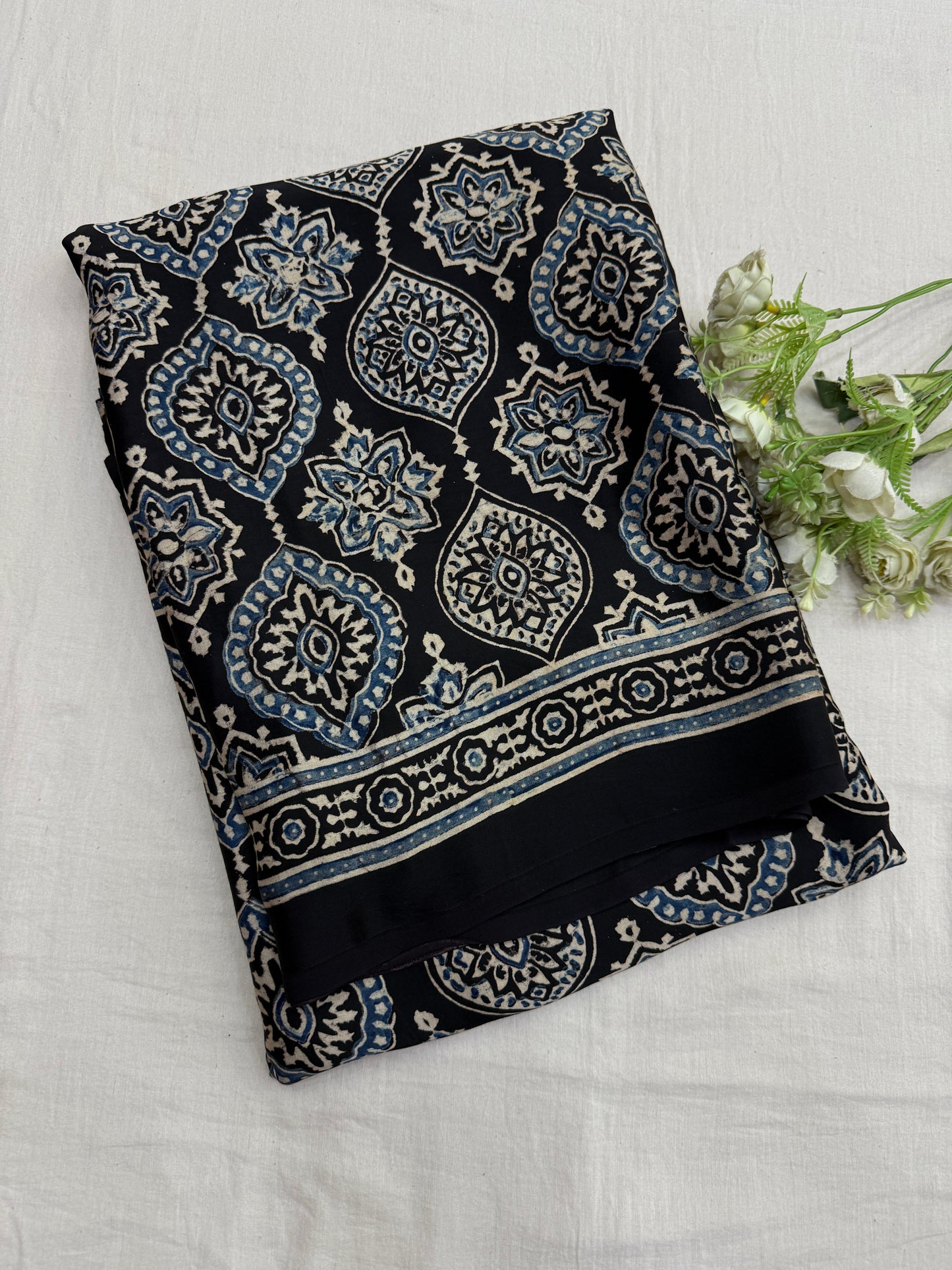Black Blue Badam Ajrakh Print Modal Silk Saree