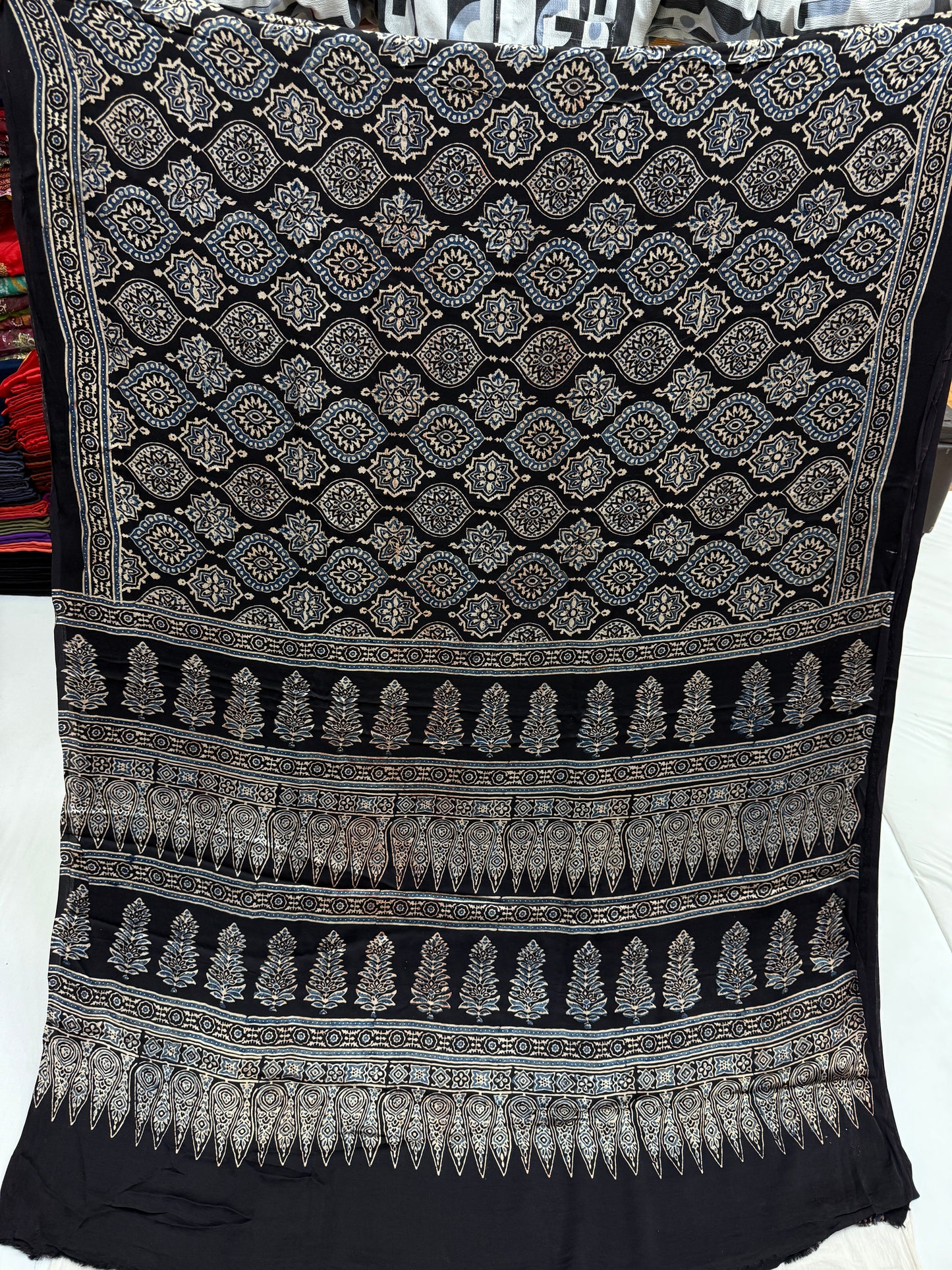 Black Blue Badam Ajrakh Print Modal Silk Saree