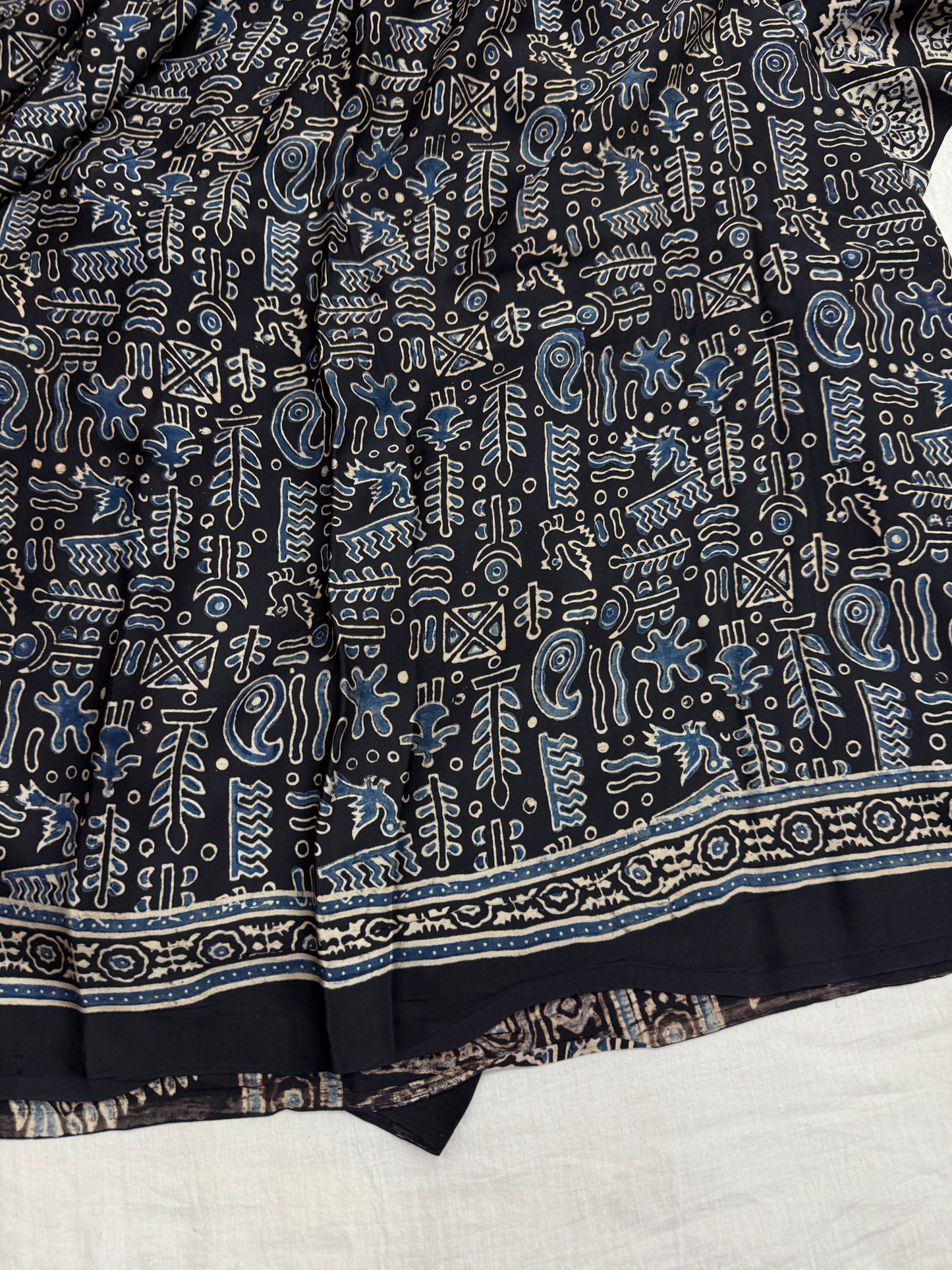Black Blue Badam Ajrakh Print Modal Silk Saree