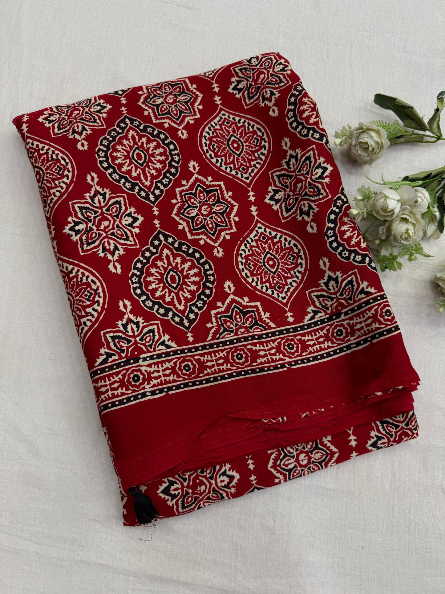 Red Badam Ajrakh Print Modal Silk Saree