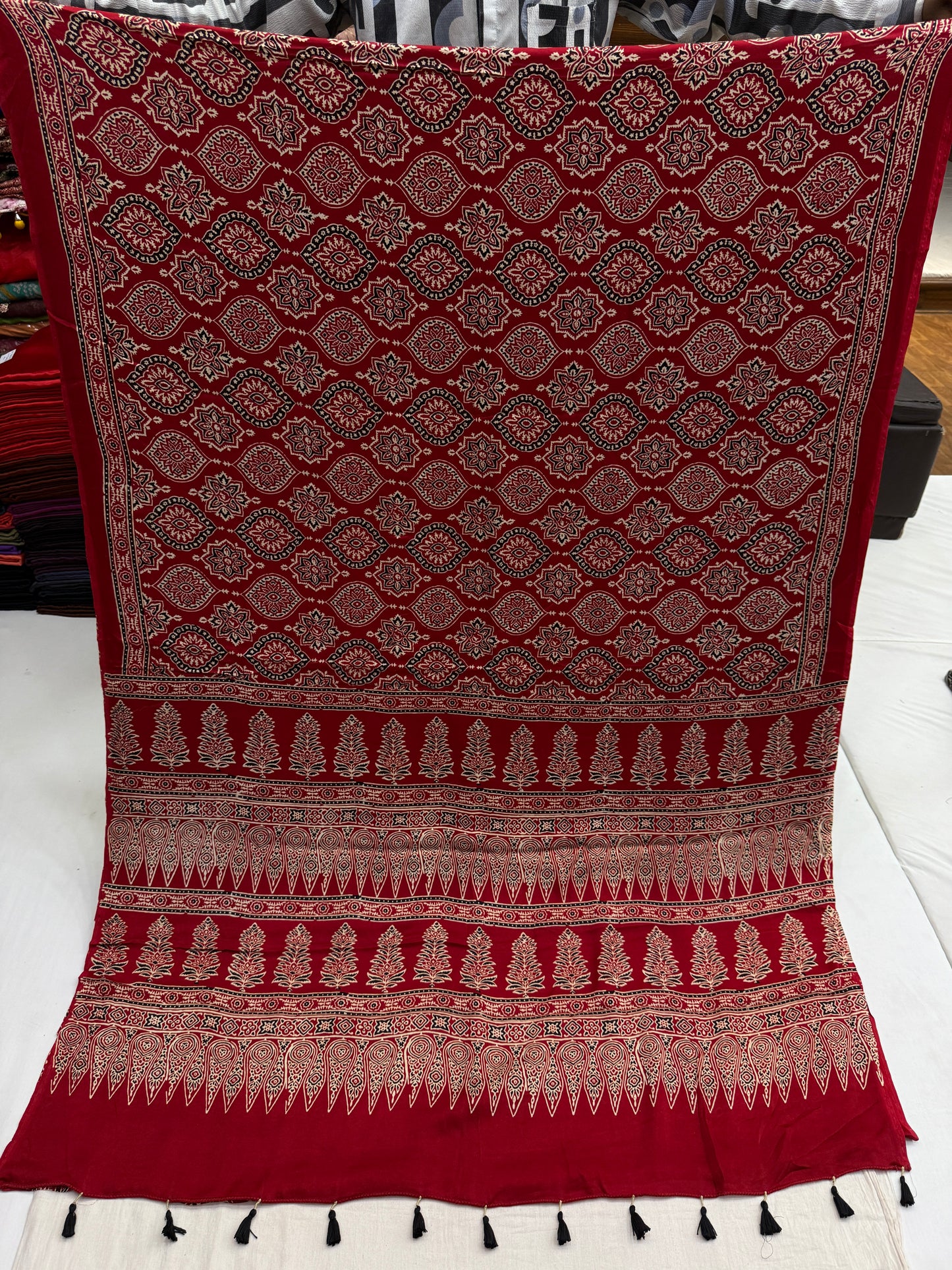Red Badam Ajrakh Print Modal Silk Saree