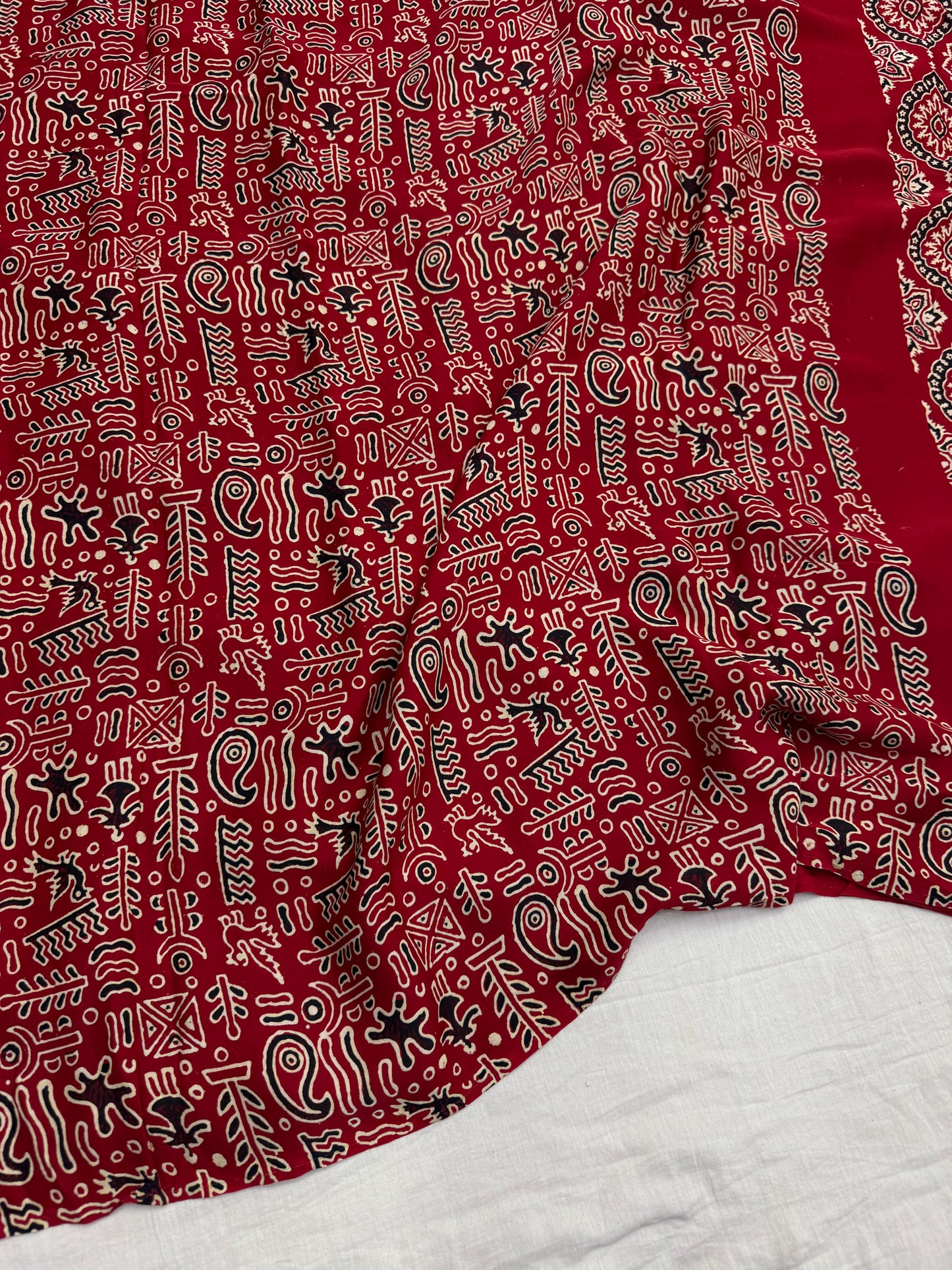 Red Badam Ajrakh Print Modal Silk Saree