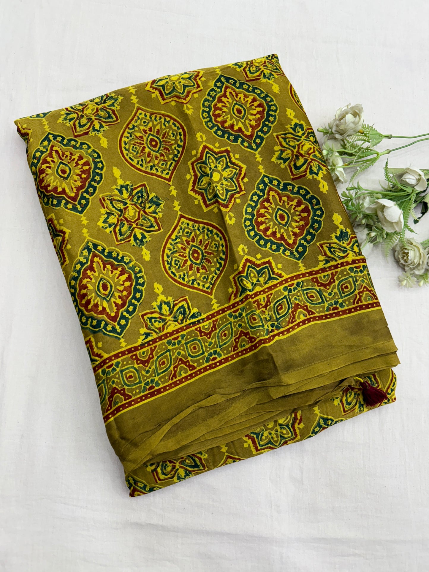 Olive Mustard Badam Ajrakh Print Modal Silk Saree