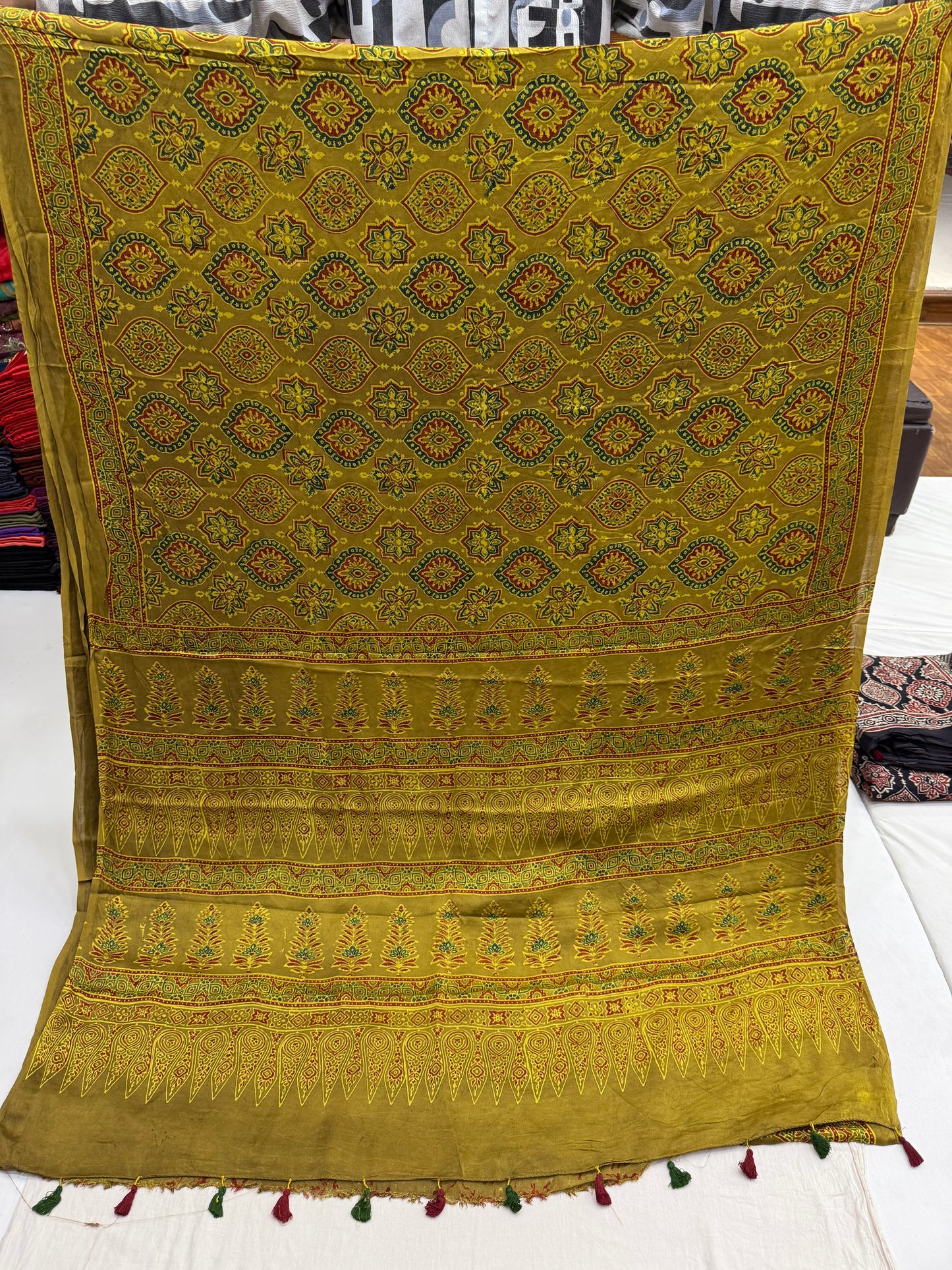 Olive Mustard Badam Ajrakh Print Modal Silk Saree