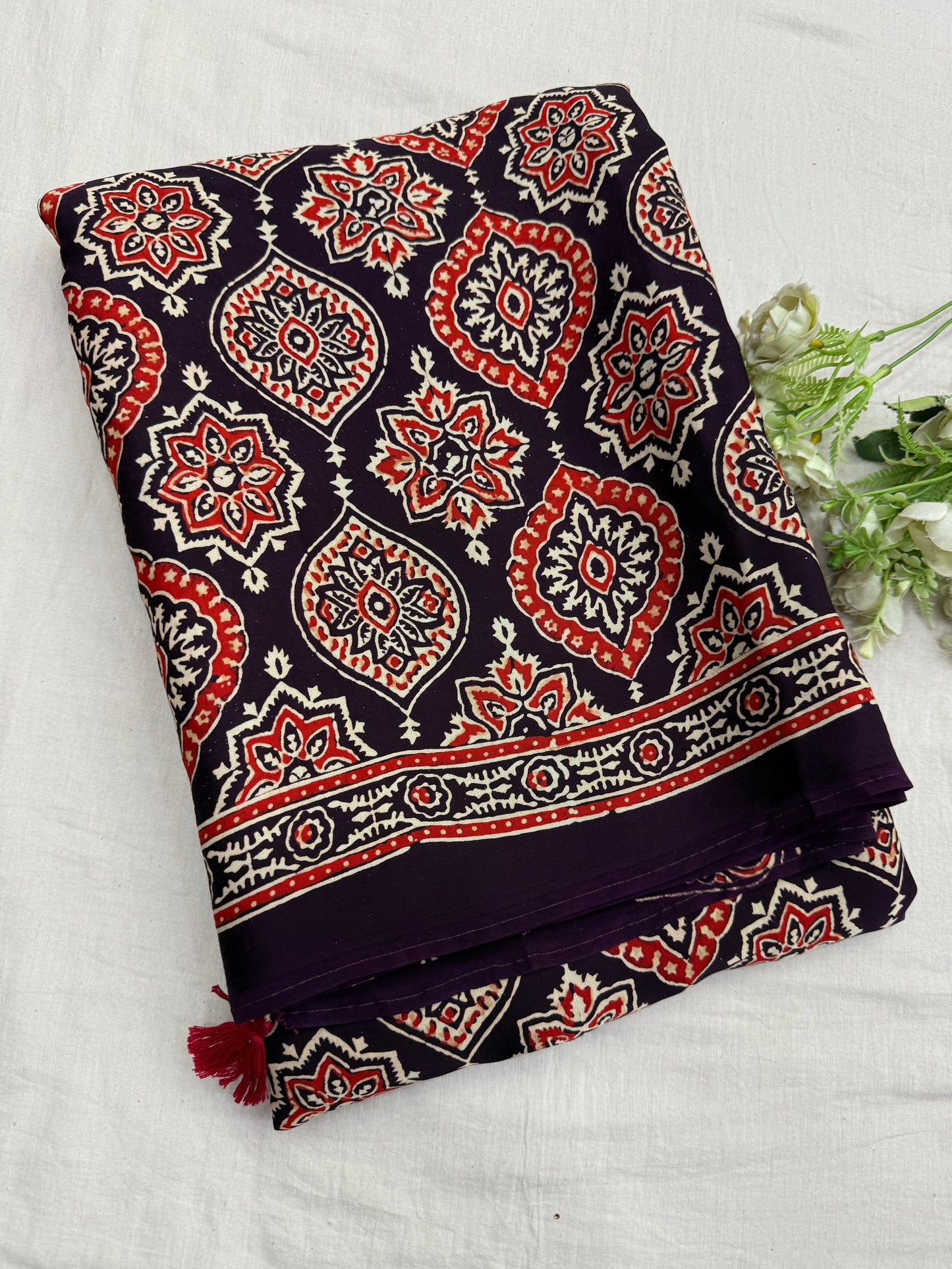 Plum Purple Badam Ajrakh Print Modal Silk Saree