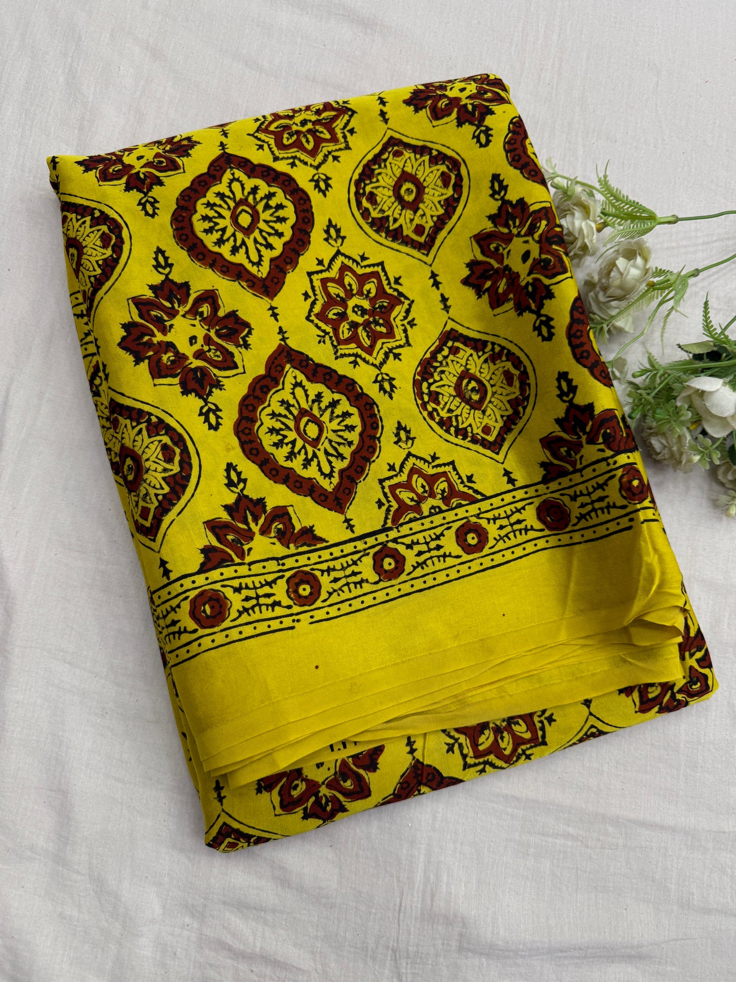 Yellow Maroon Badam Ajrakh Print Modal Silk Saree