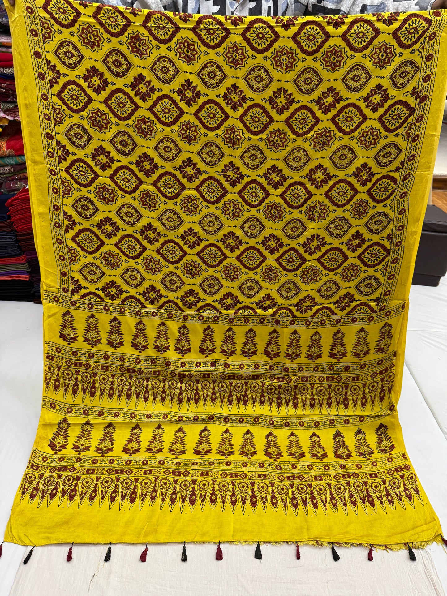 Yellow Maroon Badam Ajrakh Print Modal Silk Saree
