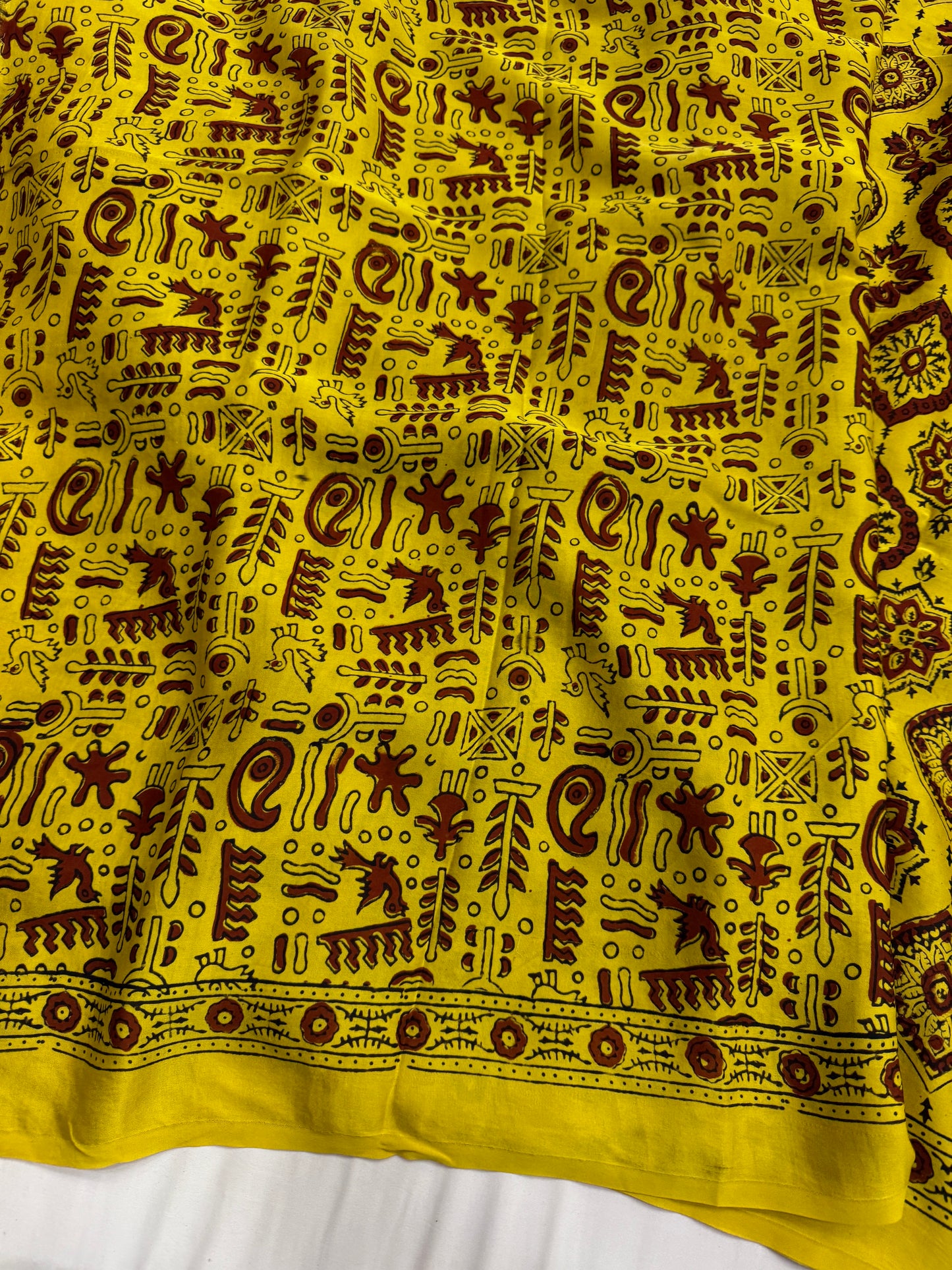 Yellow Maroon Badam Ajrakh Print Modal Silk Saree