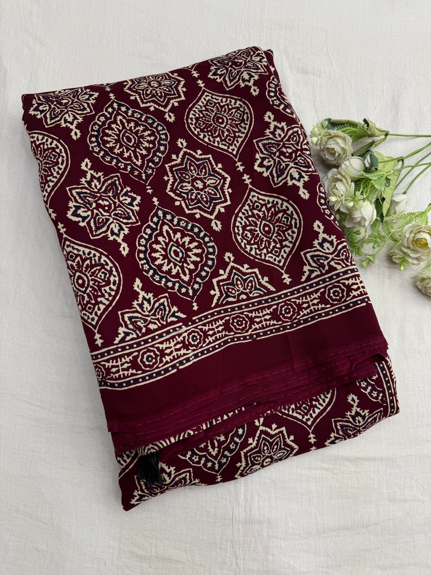 Maroon Badam Ajrakh Print Modal Silk Saree