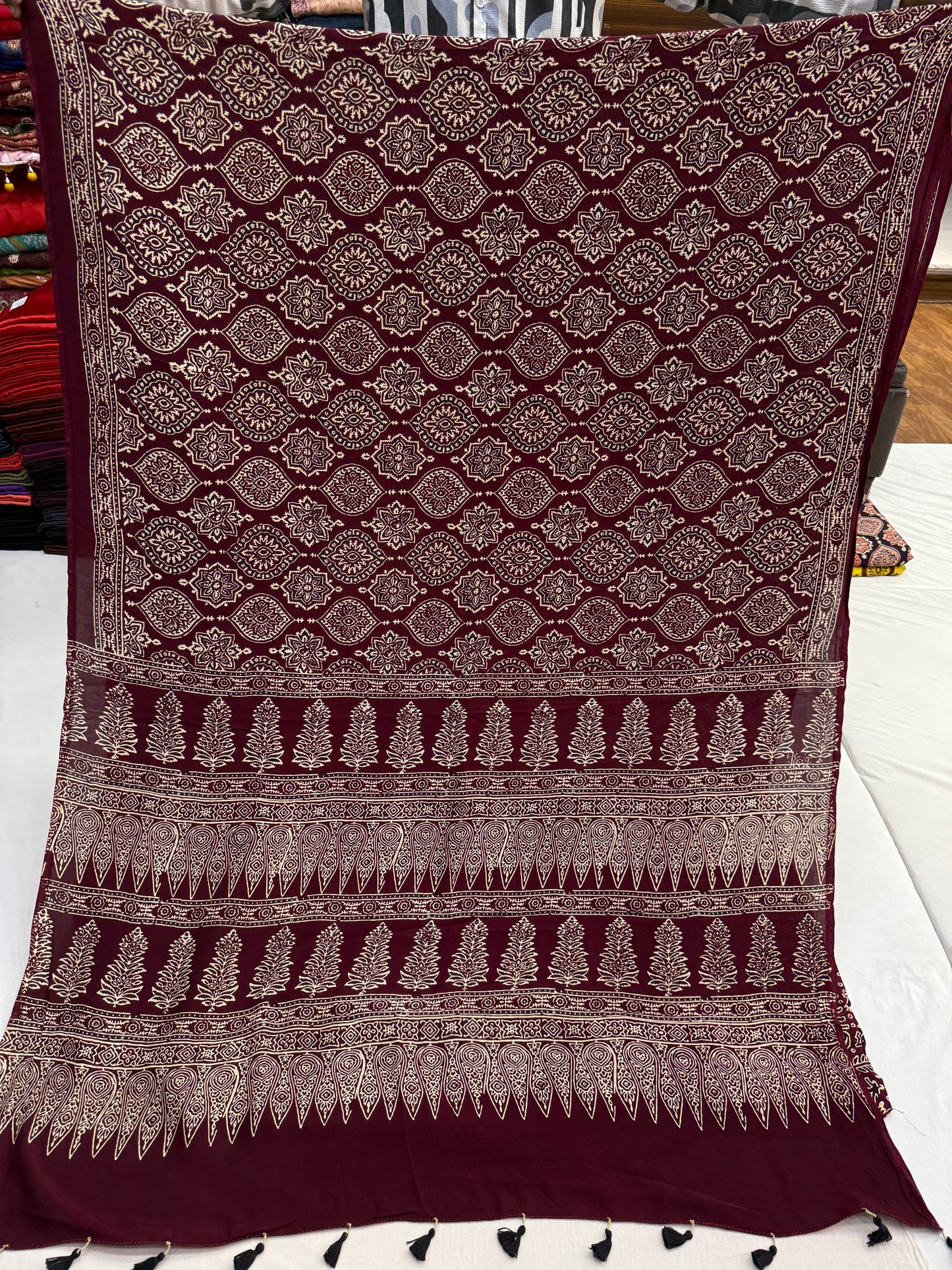 Maroon Badam Ajrakh Print Modal Silk Saree