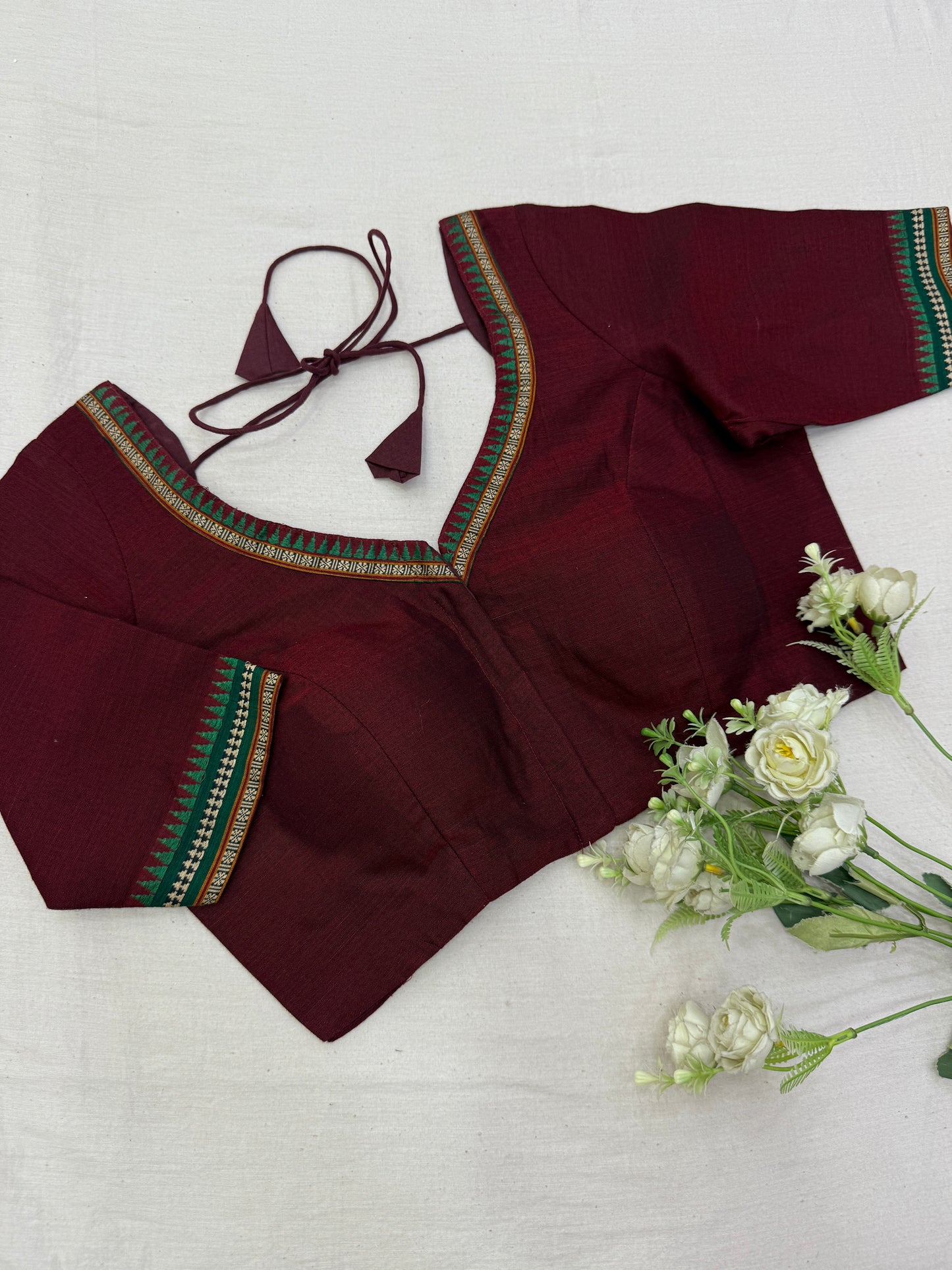 Maroon Green Temple Narayanpet Cotton Saree Blouse Set