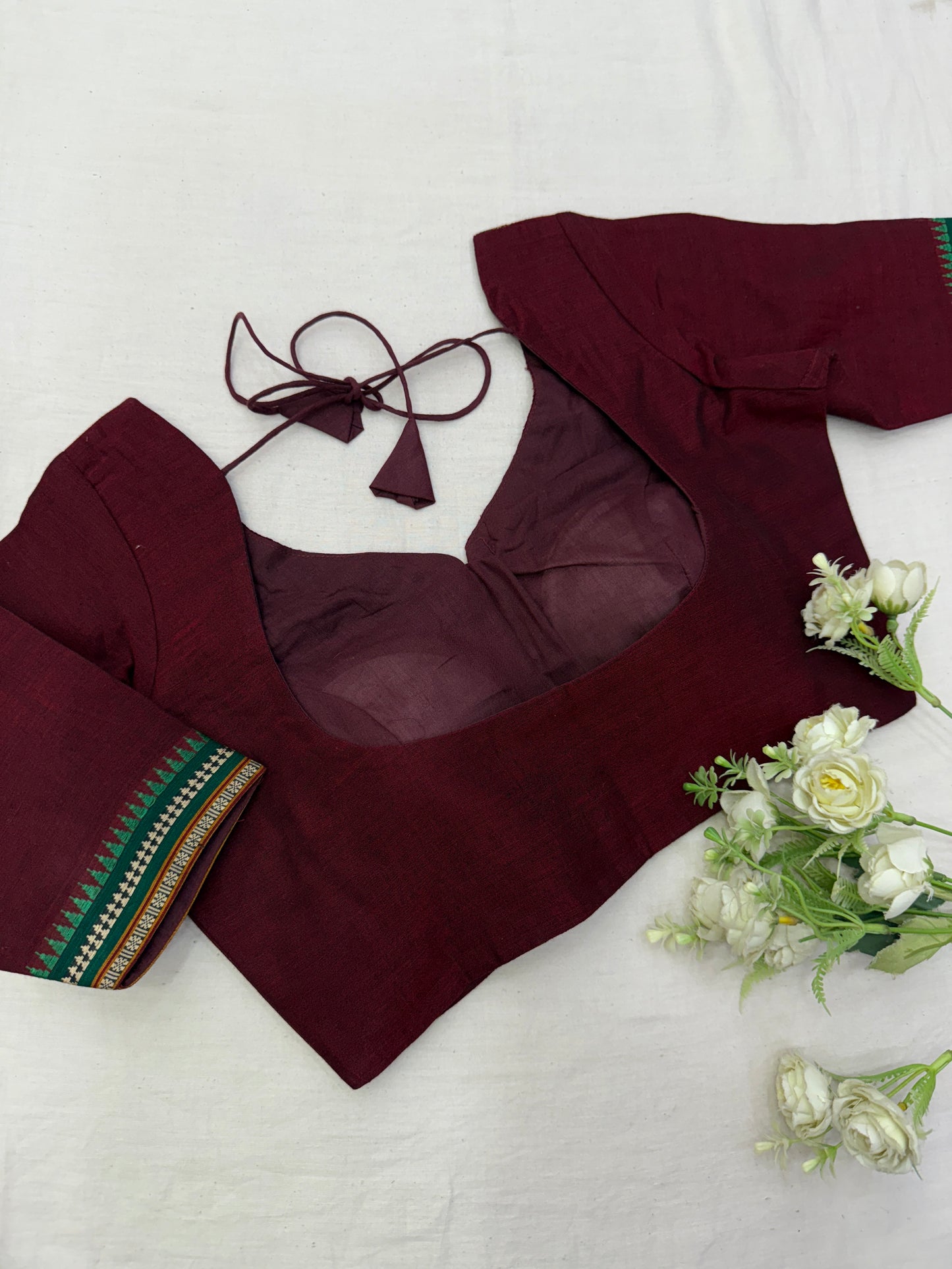 Maroon Green Temple Narayanpet Cotton Saree Blouse Set