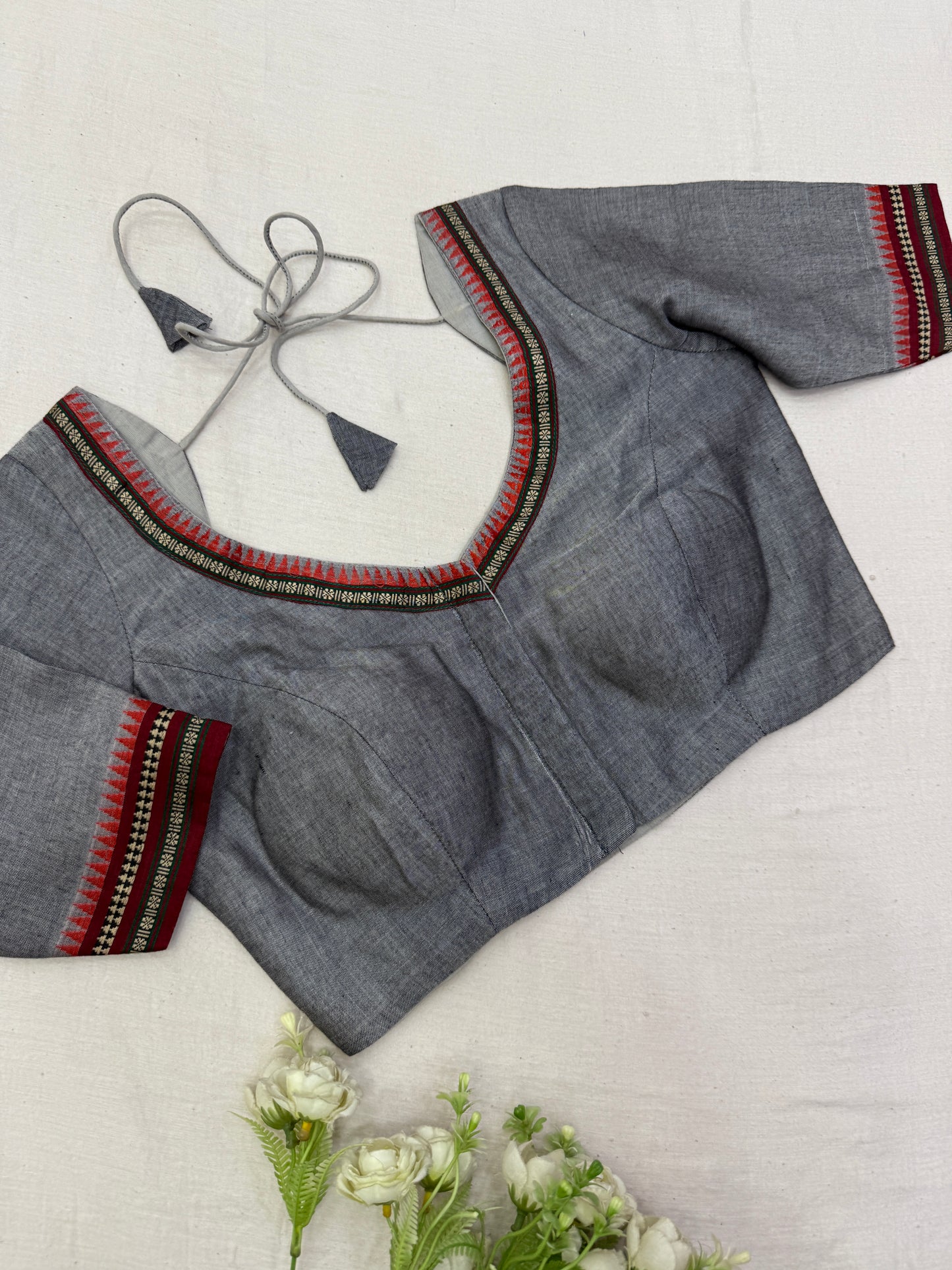 Grey Maroon Temple Narayanpet Cotton Saree Blouse Set