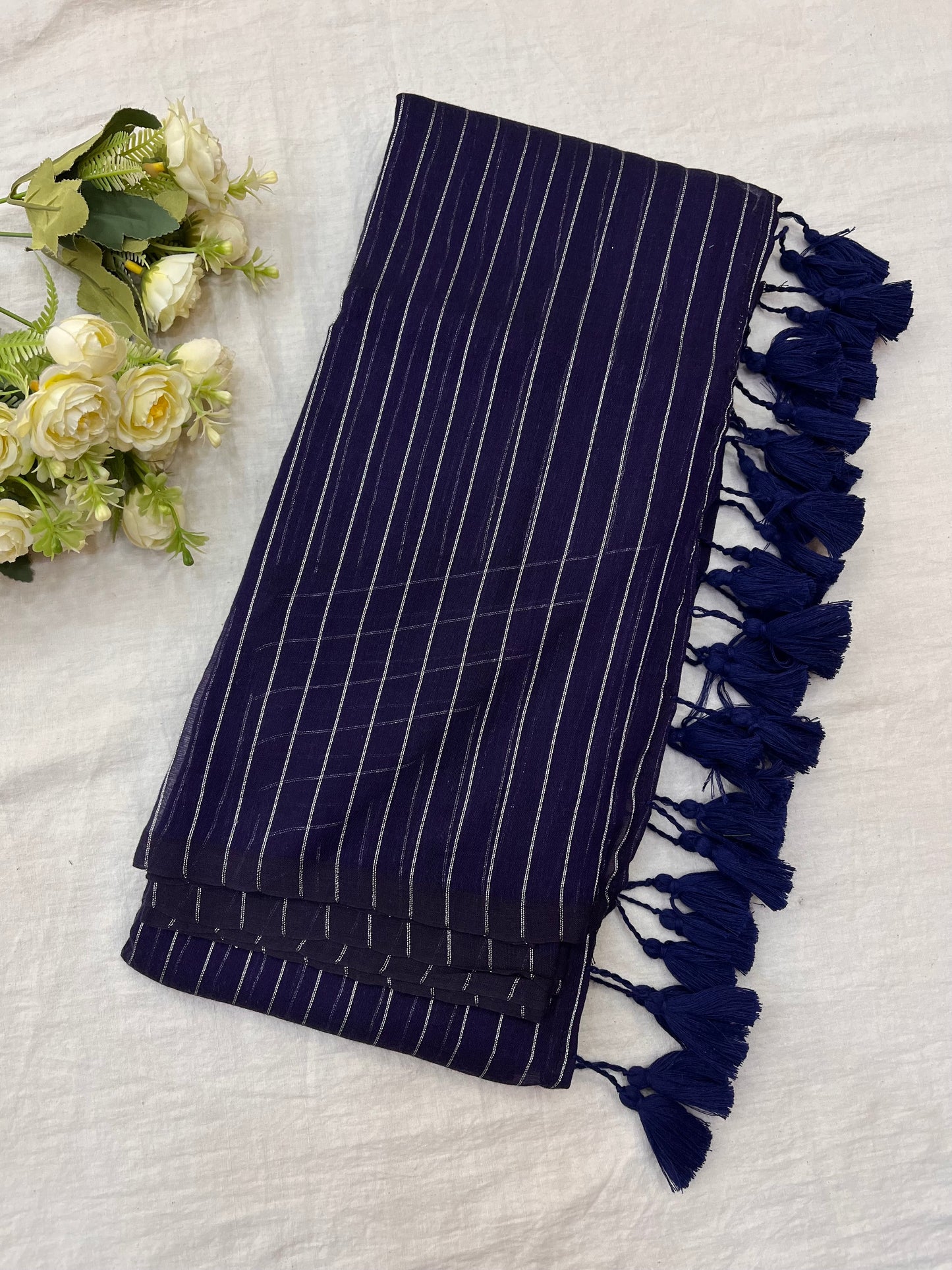 Space Blue Zari Lines Mulmul Saree