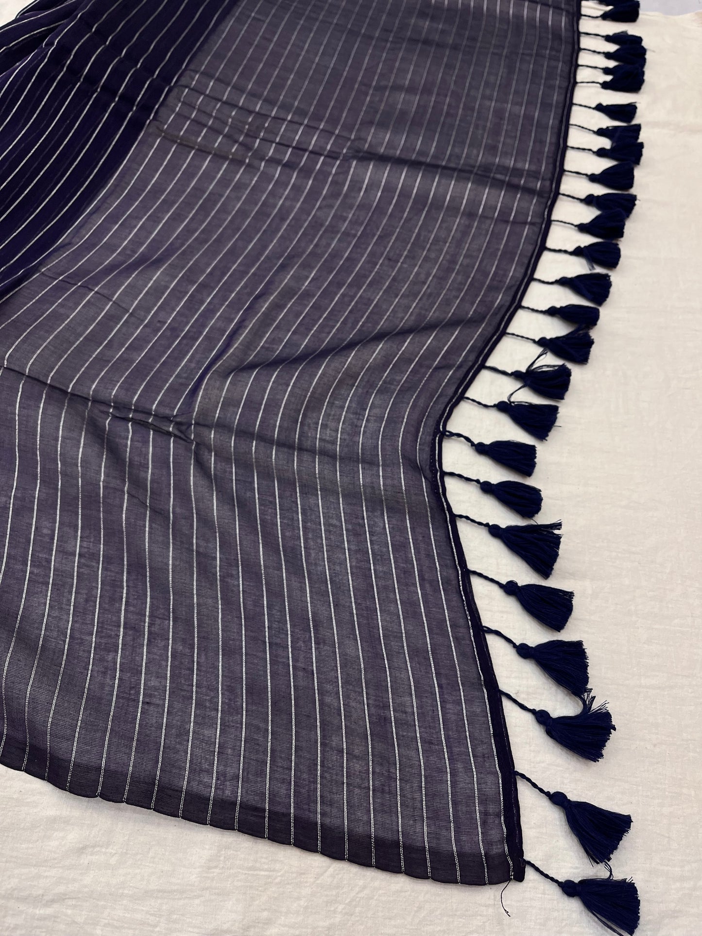 Space Blue Zari Lines Mulmul Saree