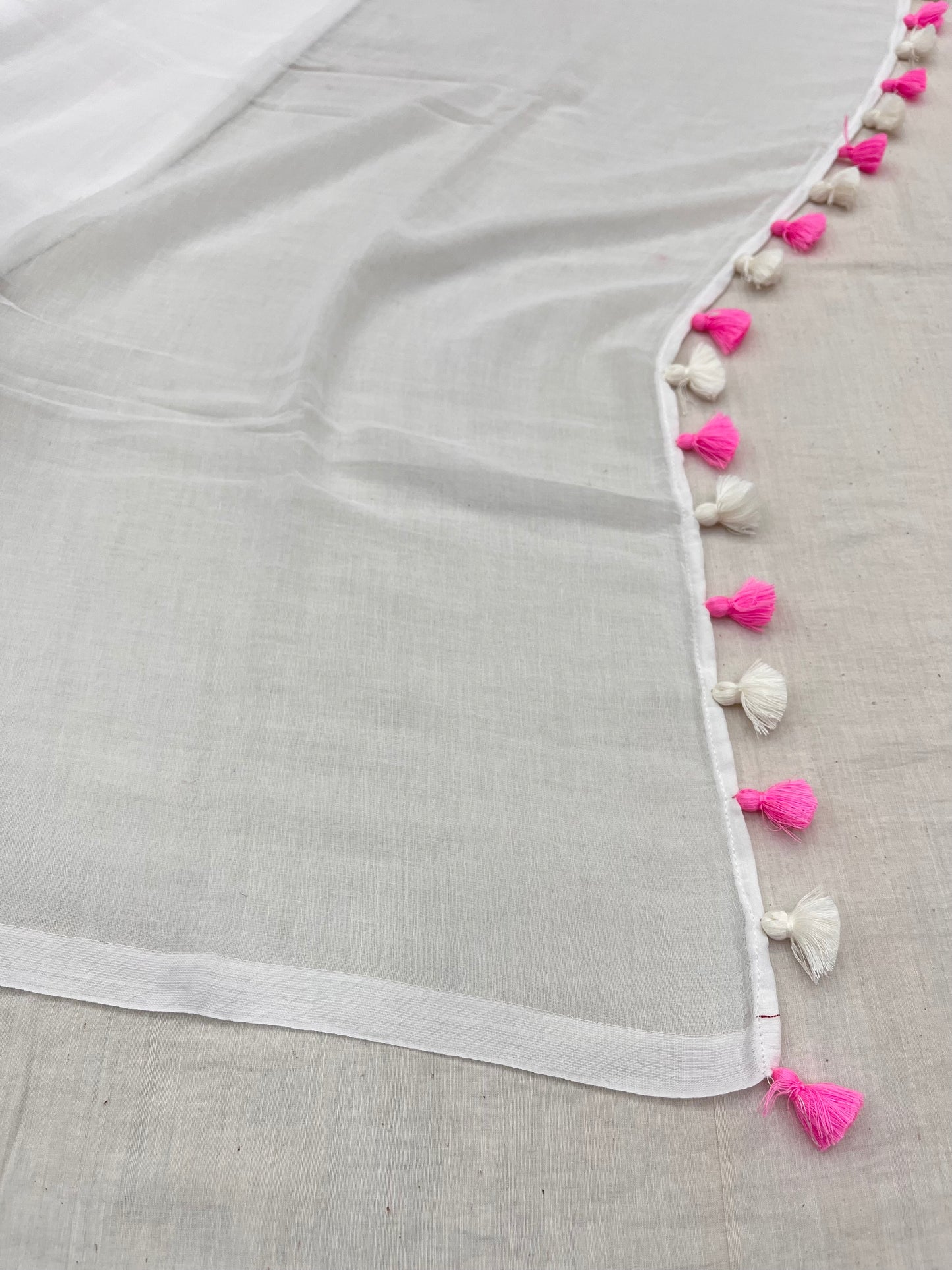 Marshmallow White Pink Mulmul Saree