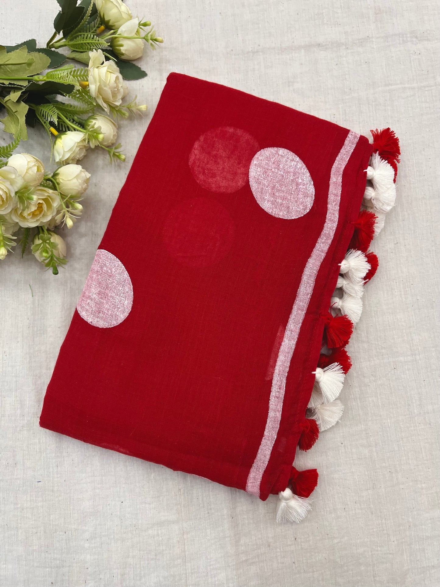 Red White Big Polka Dot Mulmul Saree