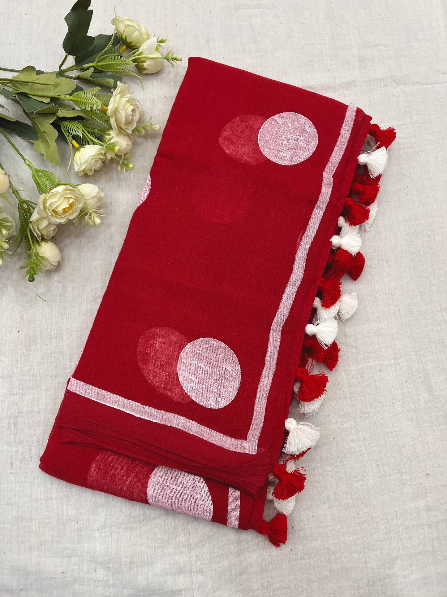 Red White Big Polka Dot Mulmul Saree