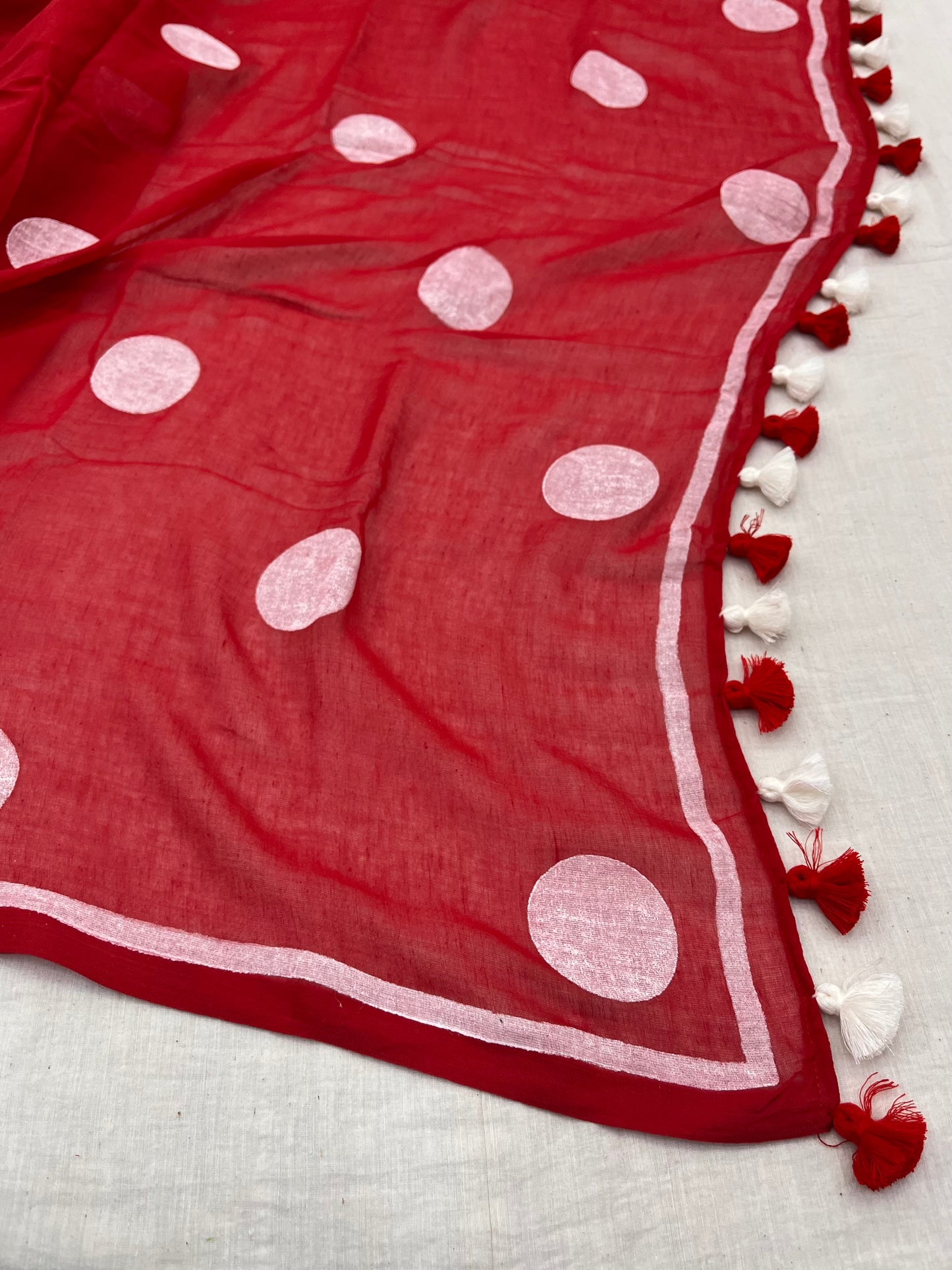 Red White Big Polka Dot Mulmul Saree