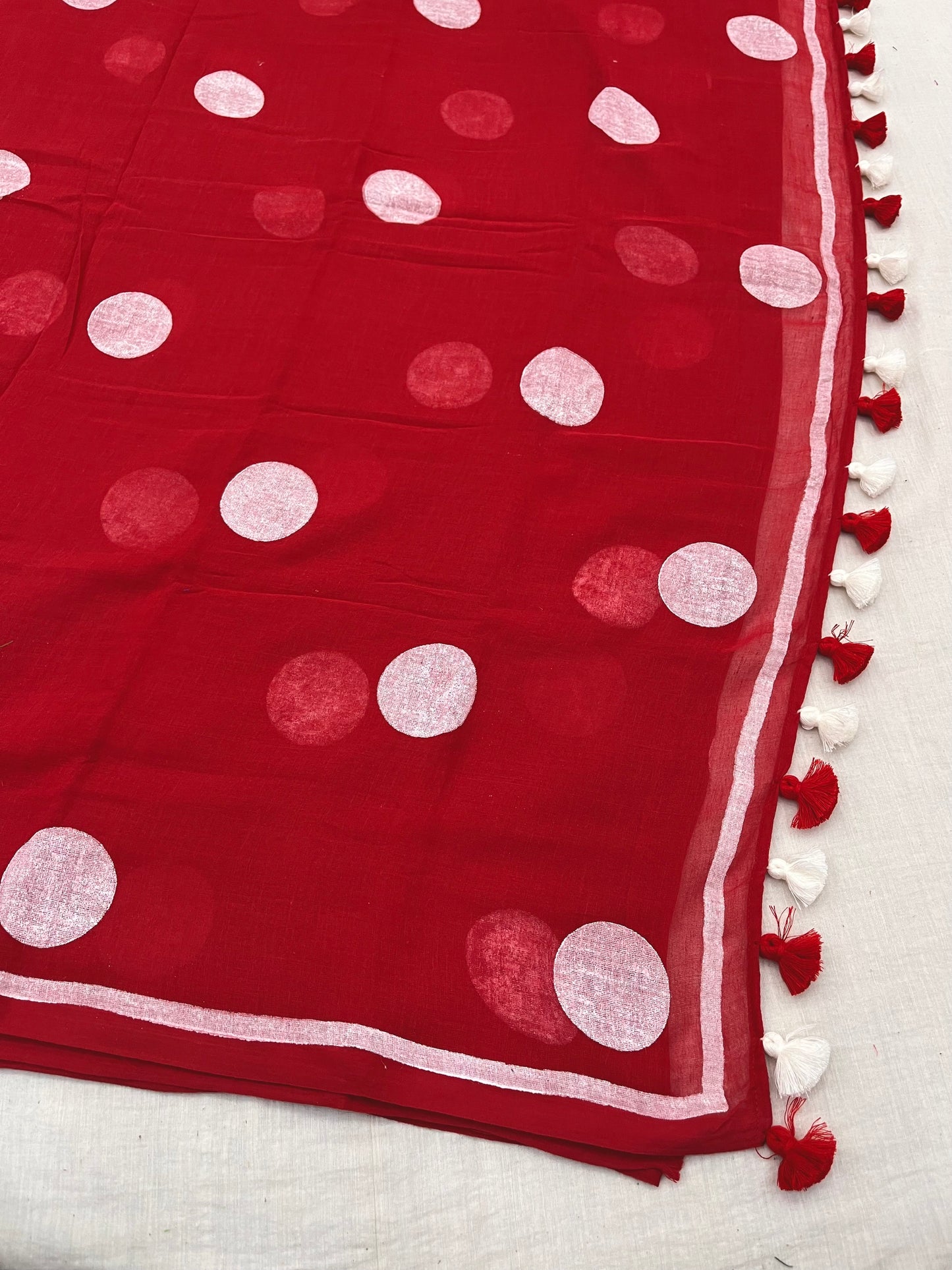 Red White Big Polka Dot Mulmul Saree