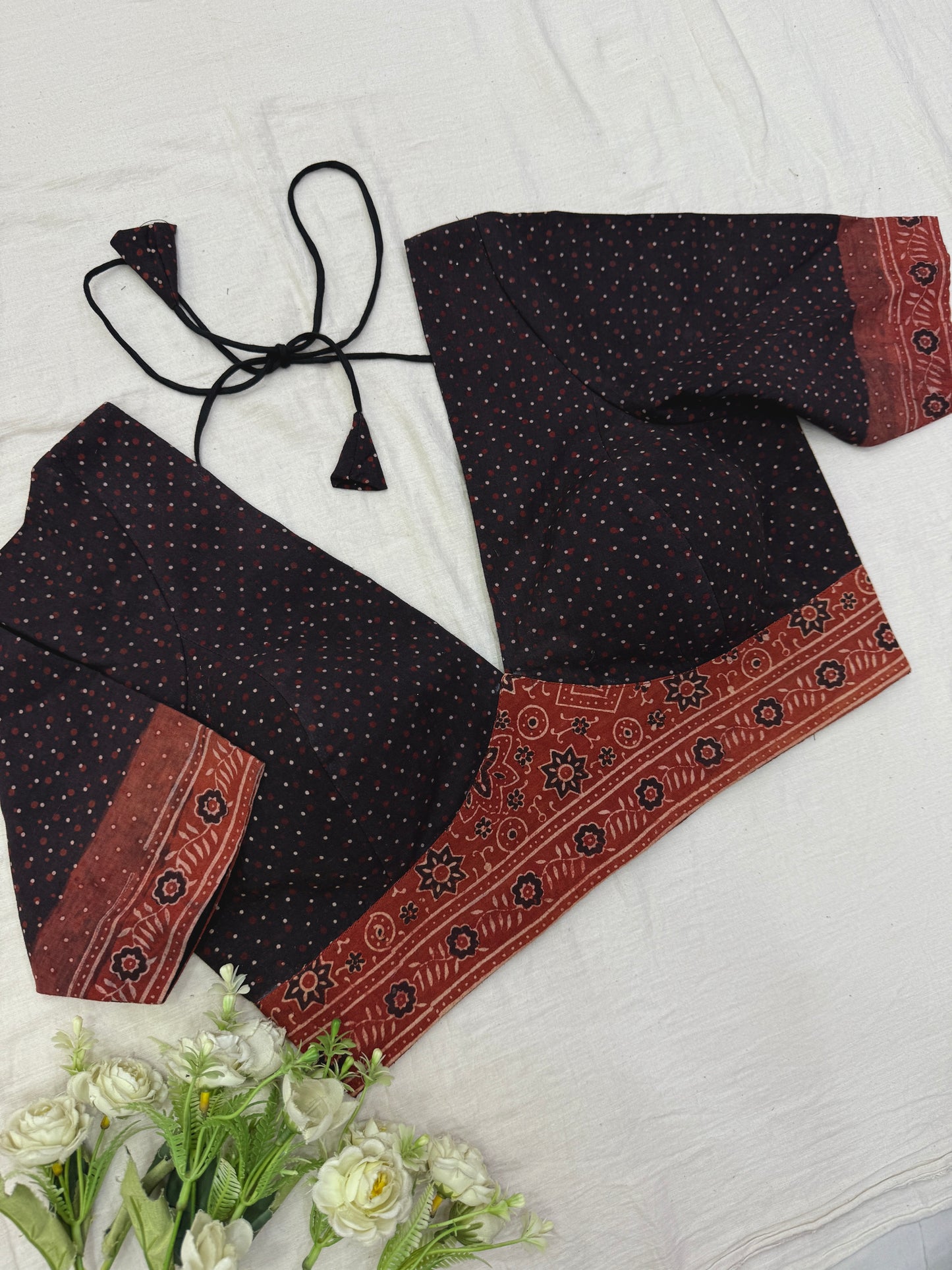 Maroon Dotted Ajrakh Cotton Elbow Sleeves Blouse