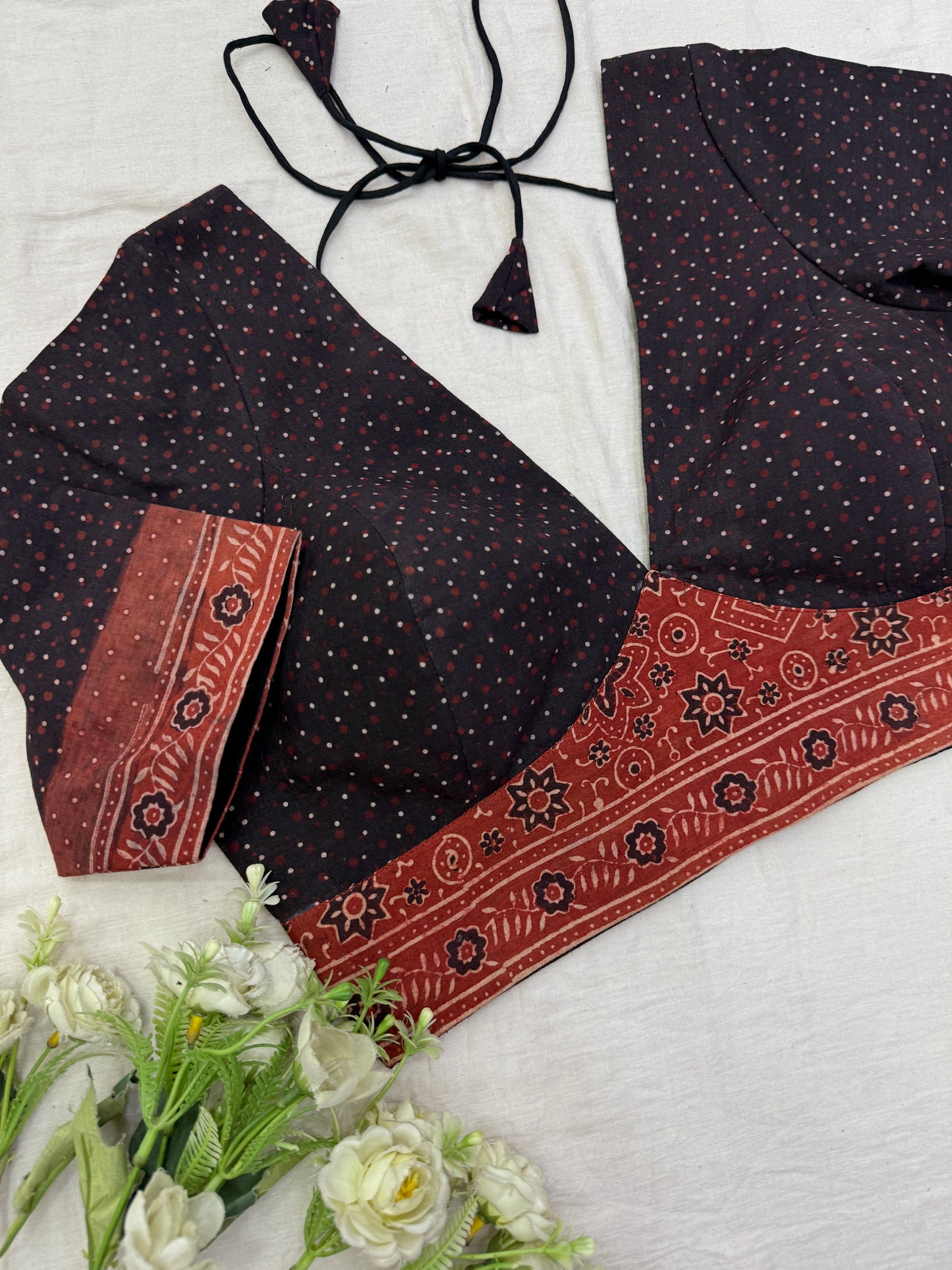 Maroon Dotted Ajrakh Cotton Elbow Sleeves Blouse