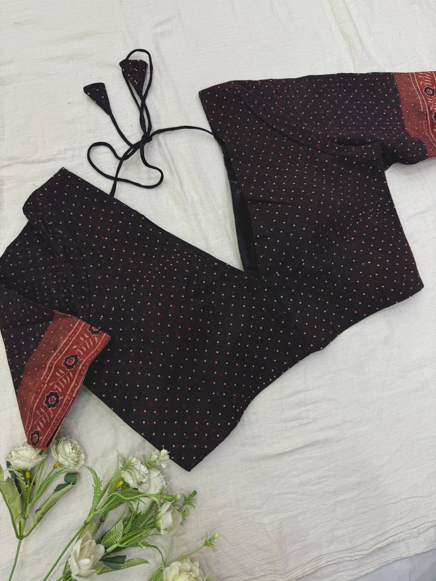 Maroon Dotted Ajrakh Cotton Elbow Sleeves Blouse