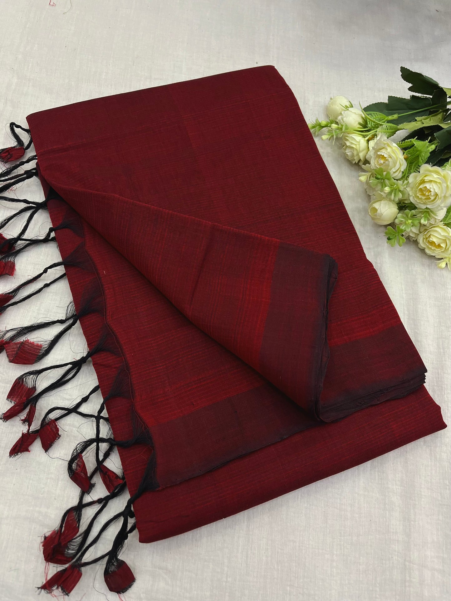Maroon Black Plain Mangalgiri Saree