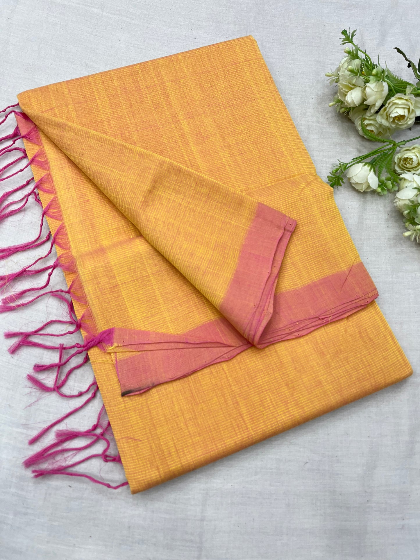 Orange Pink Plain Mangalgiri Saree