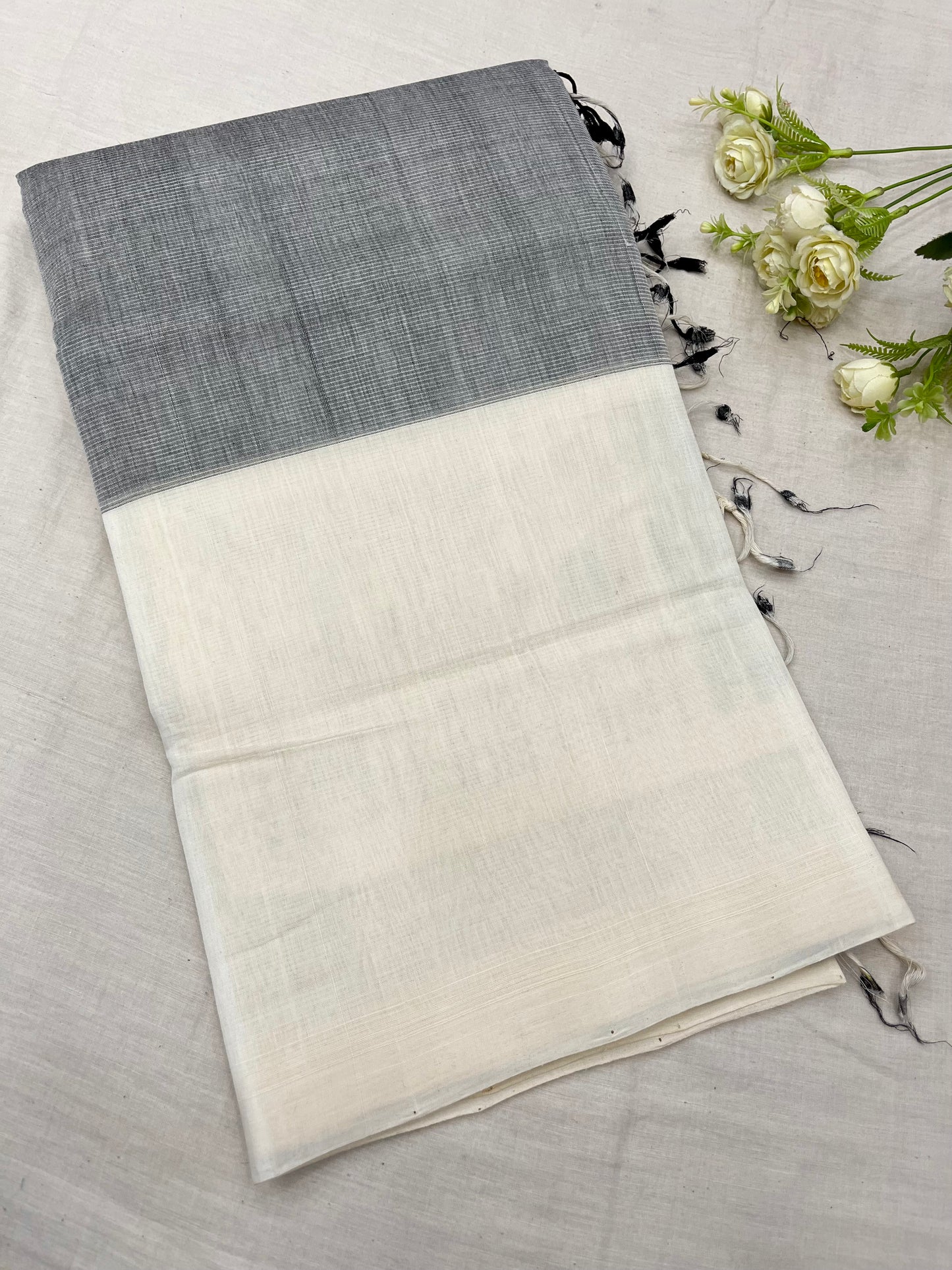 White Grey Black Plain Mangalgiri Saree