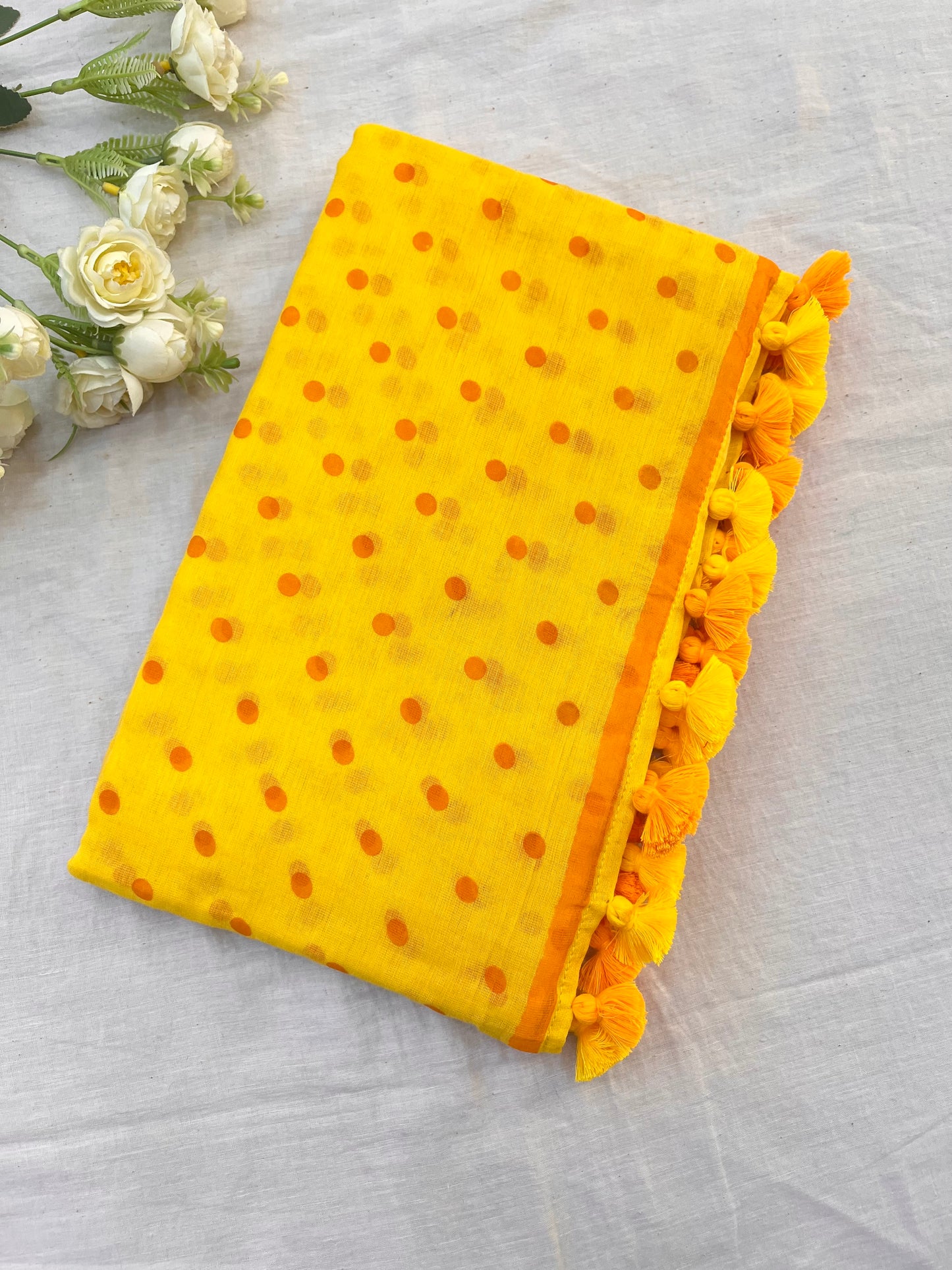 Yellow Orange Dotted Mulmul Saree