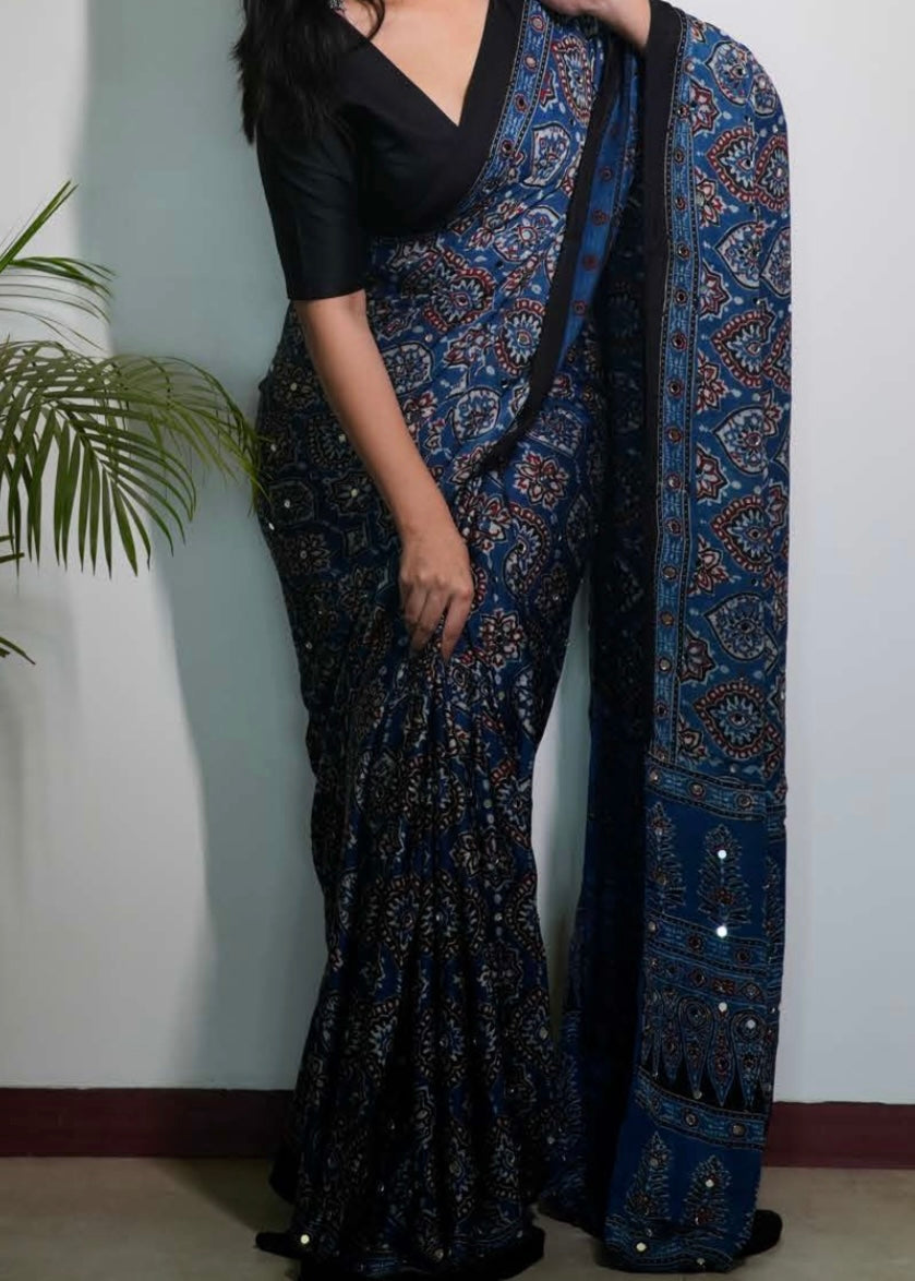Blue Badam Jalna Mirror Ajrakh Saree (Dispatch Start Jan 15th)