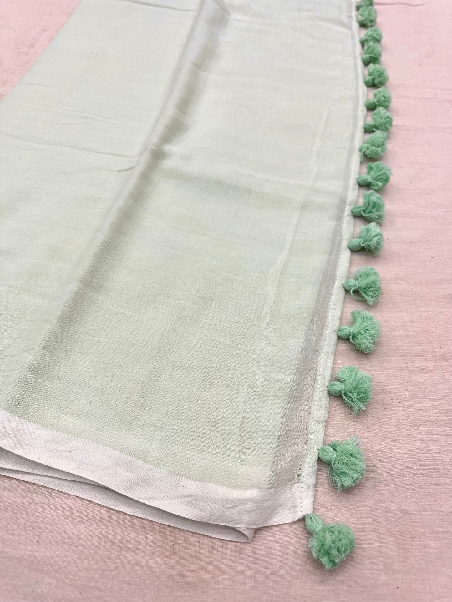 Mint With Mint Pompom Mulmul Saree
