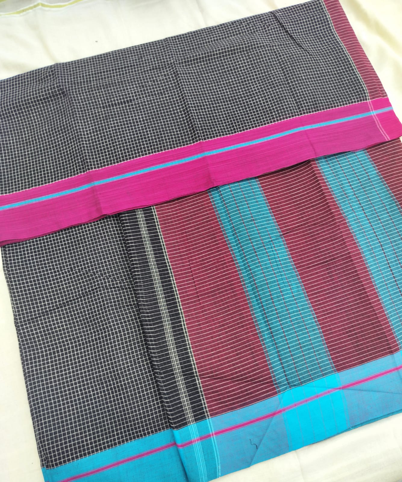 Pink-Blue Border Black Patteda Anchu Saree