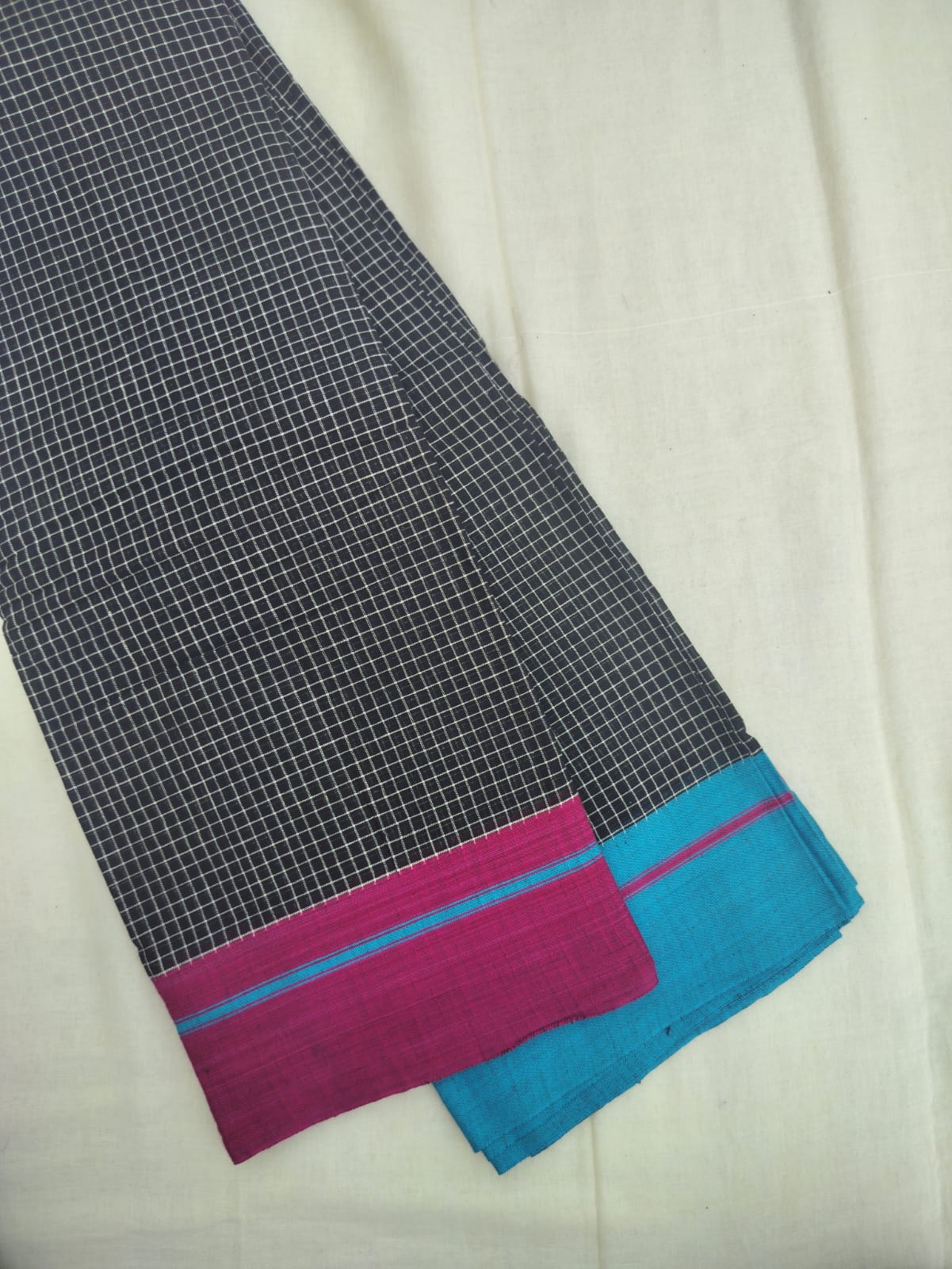 Pink-Blue Border Black Patteda Anchu Saree