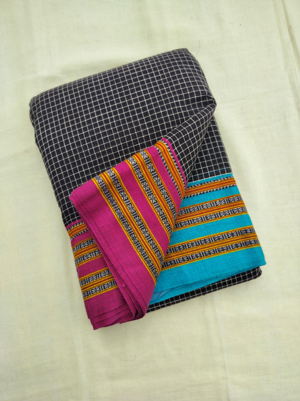 Pink-Blue With Black Gadi Dadi Border Patteda Anchu Saree