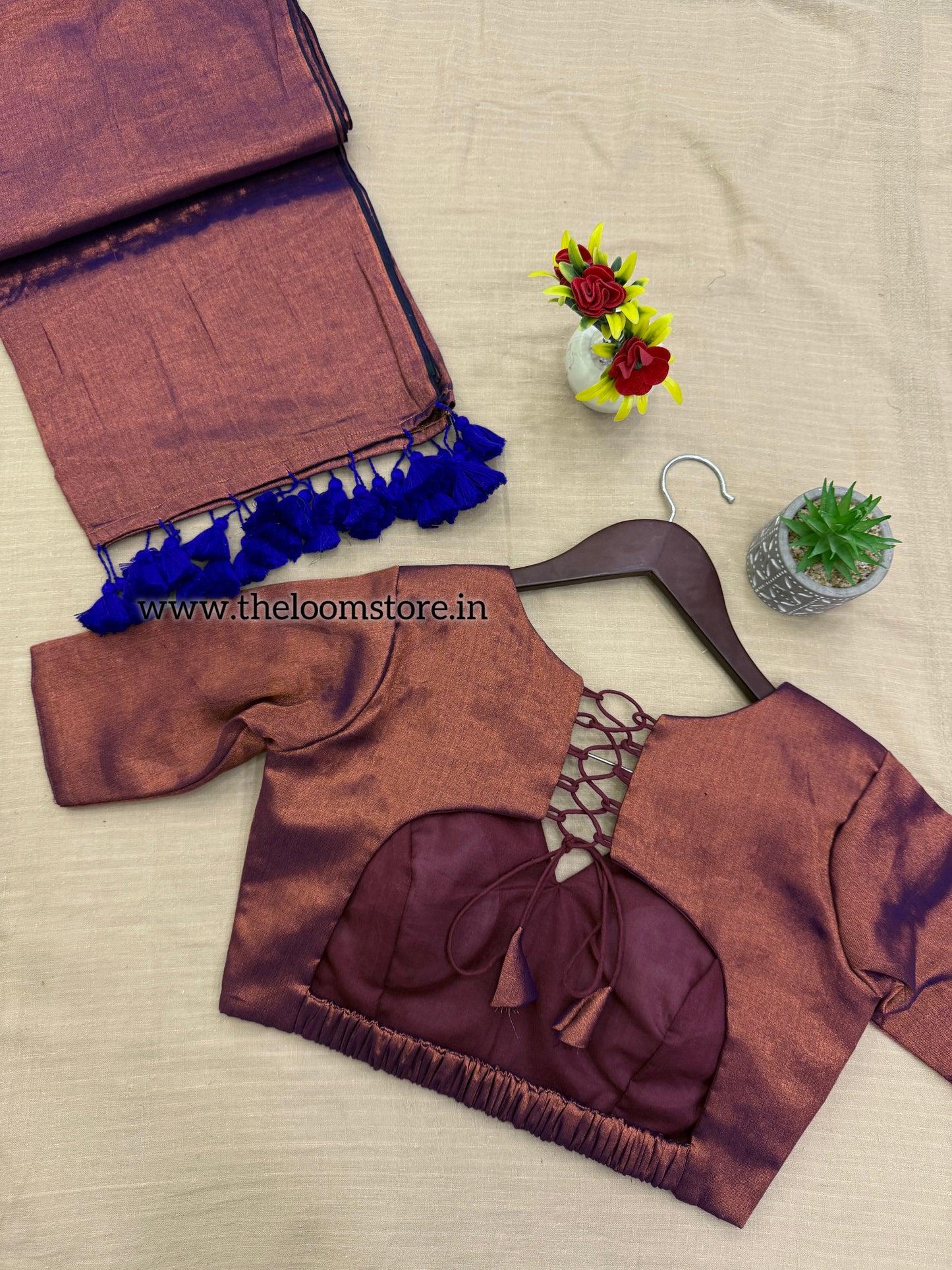 Blue Copper Tissue Saree Blouse Set