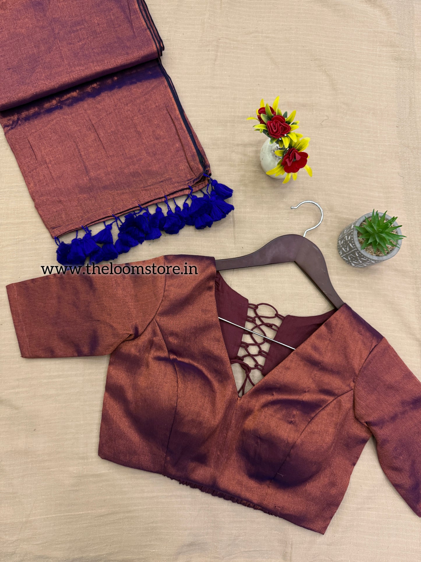 Blue Copper Tissue Saree Blouse Set