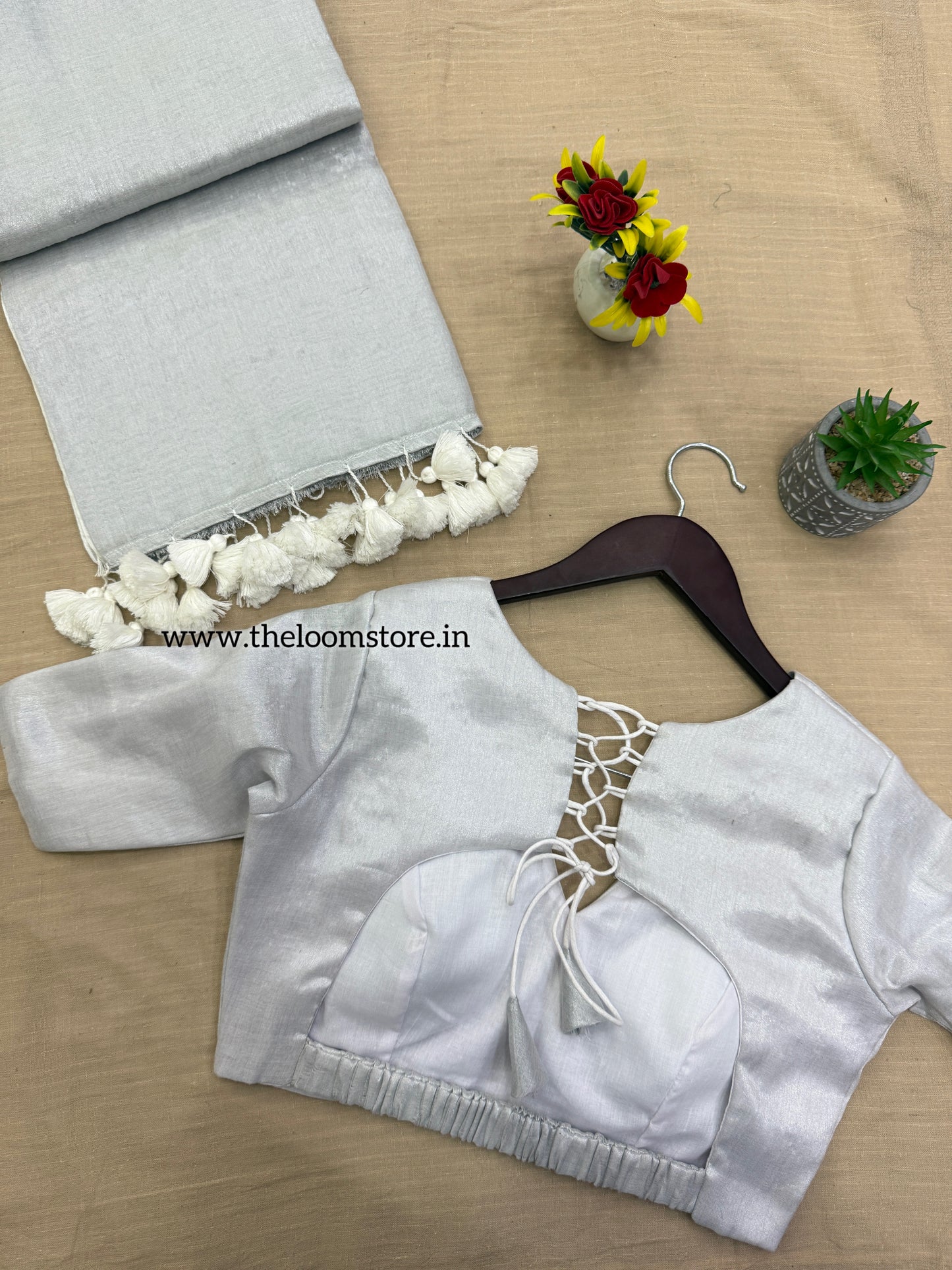 Silver Tissue Saree Blouse Set