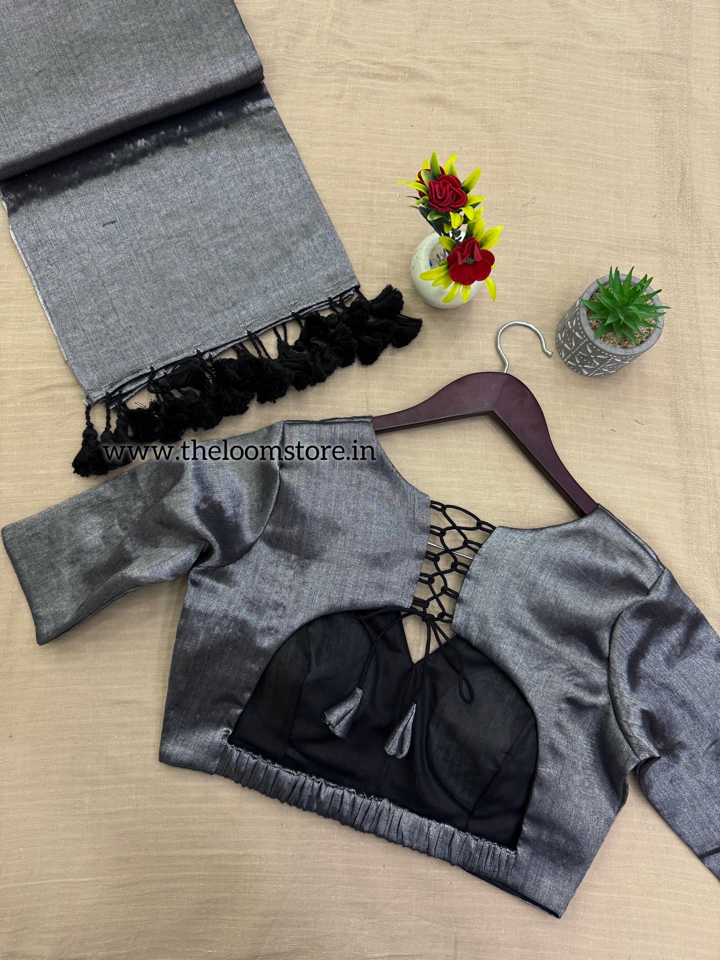 Metallic Silver Tissue Saree Blouse Set