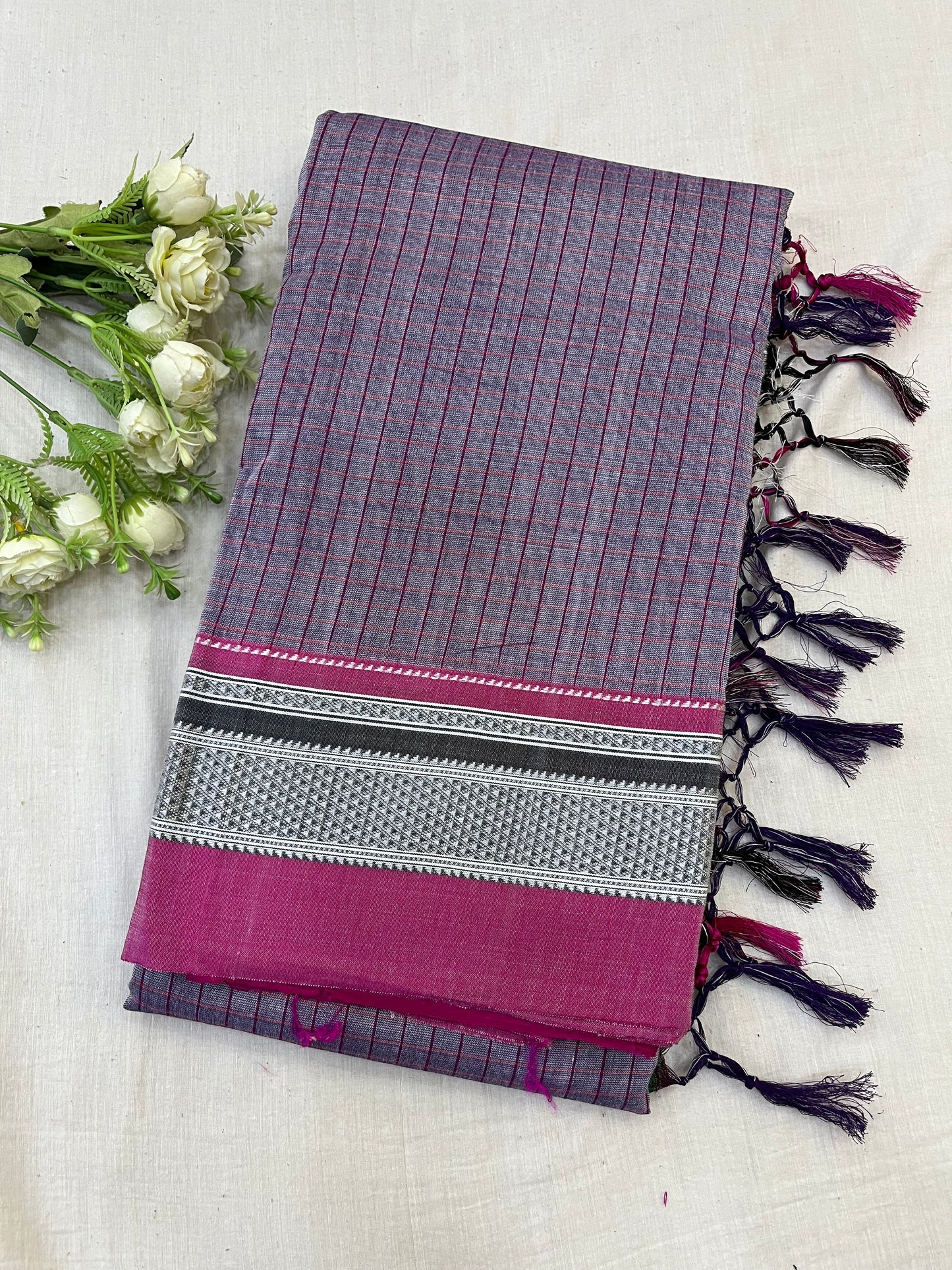 Greyish Pink Checks Ilkal Saree