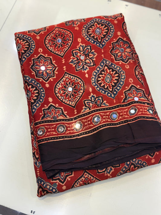 Red Badam Ajrakh Mirror Work Saree