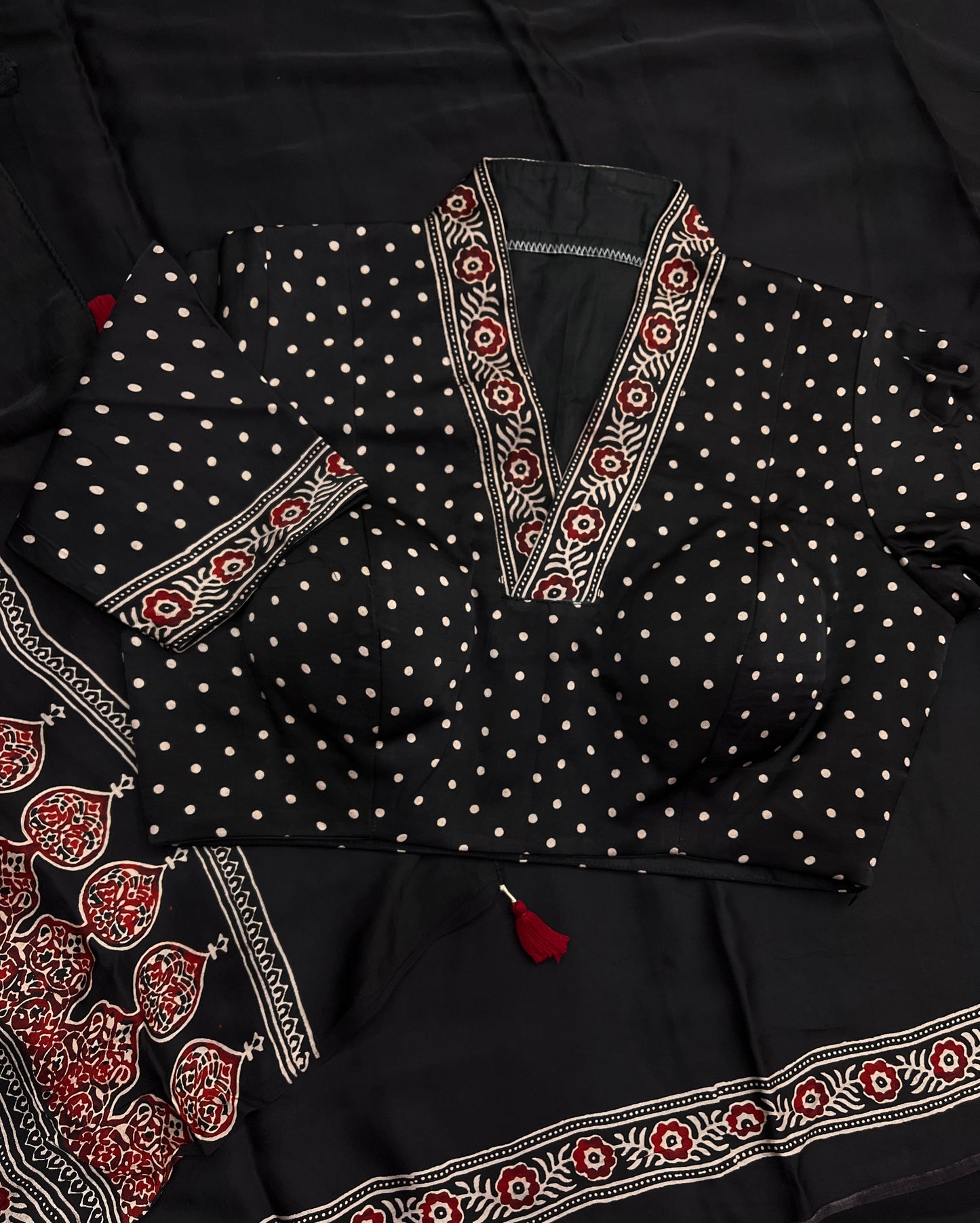 Retro Dotted Black Ajrakh Saree Blouse Combo Set