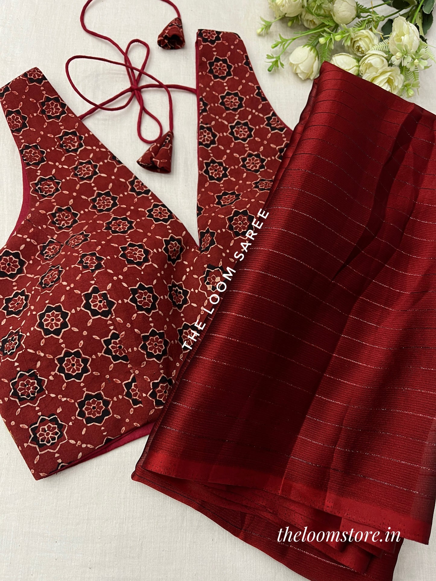 Maroon Chinnon Saree - Rust Ajrakh Blouse Combo Set