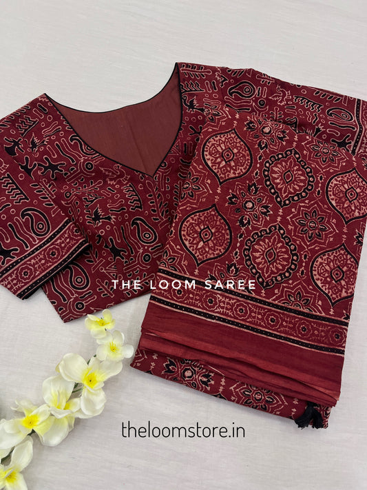 Red Cotton Badam Ajrakh Block Print Saree Blouse Set.