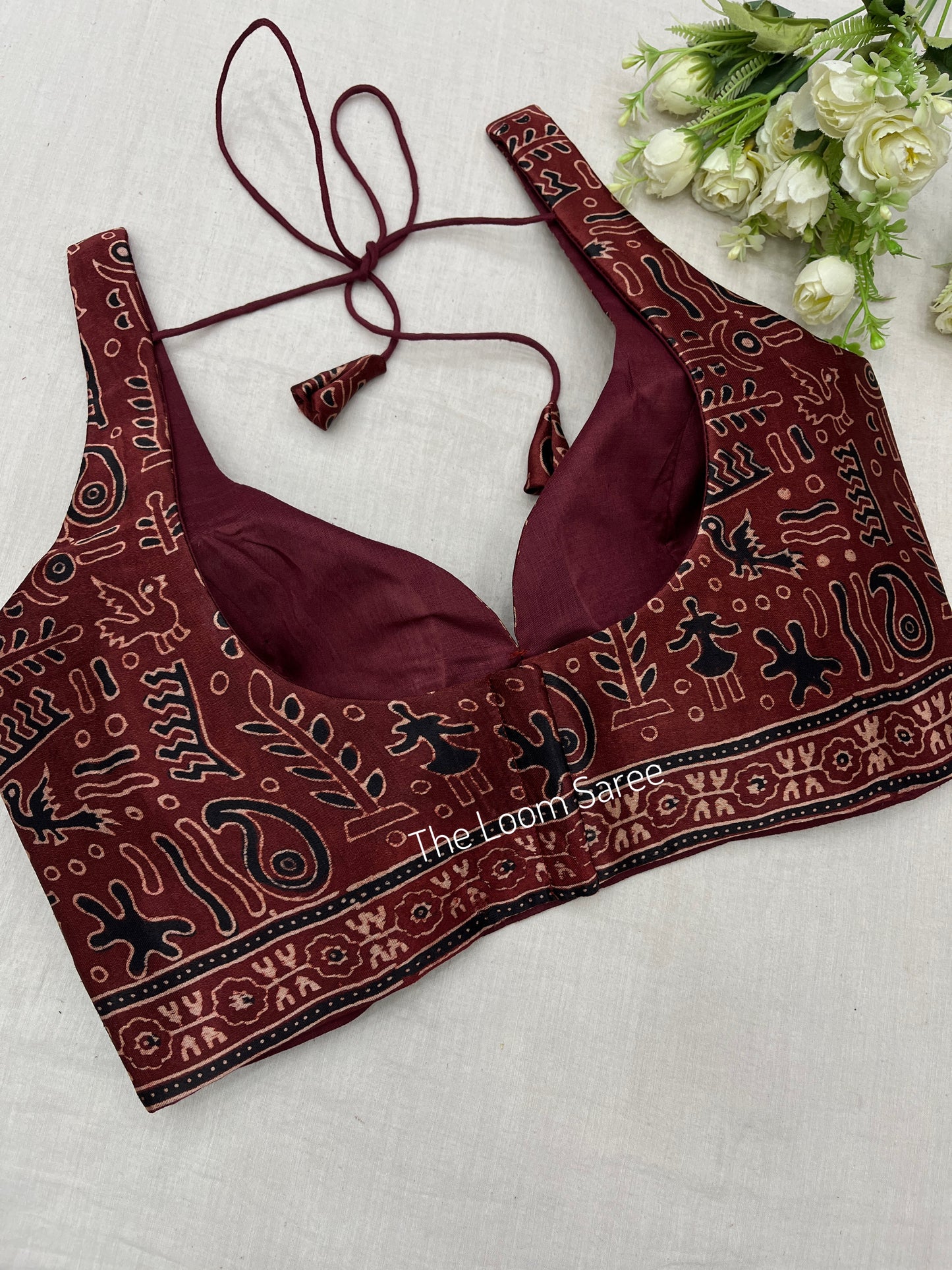 Maroon Glossy Badam Print Ajrakh Saree Blouse Set