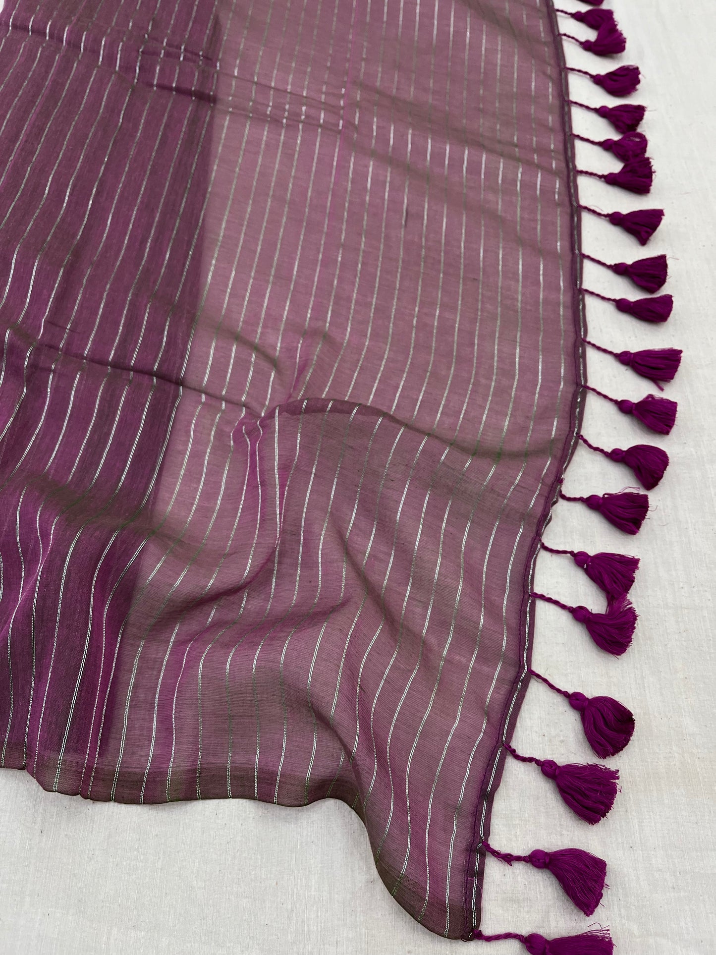 Anjeri Purple Silver Zari Lines Mulmul Saree